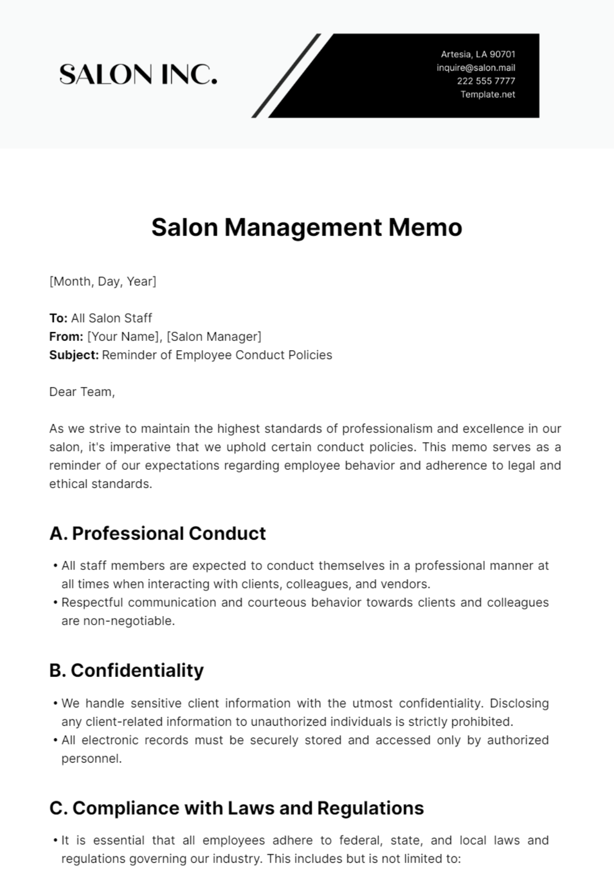 Salon Management Memo Template