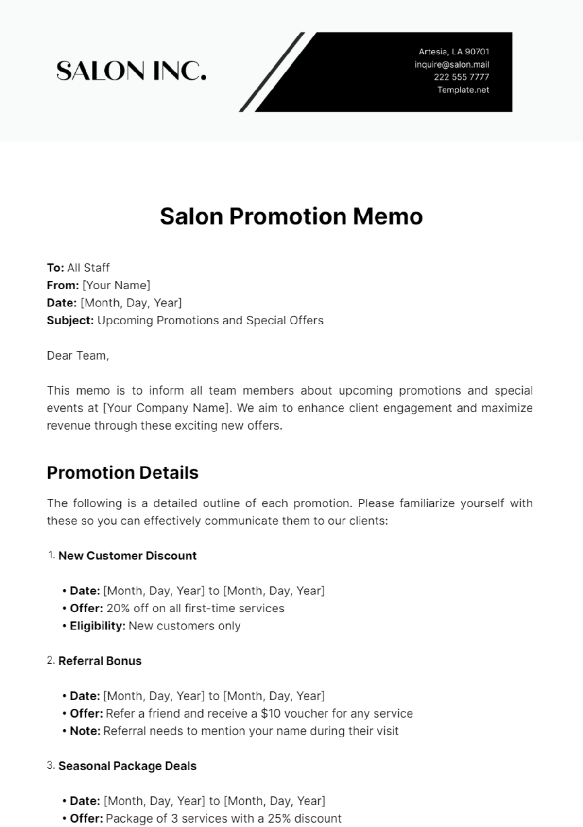 Salon Promotion Memo Template