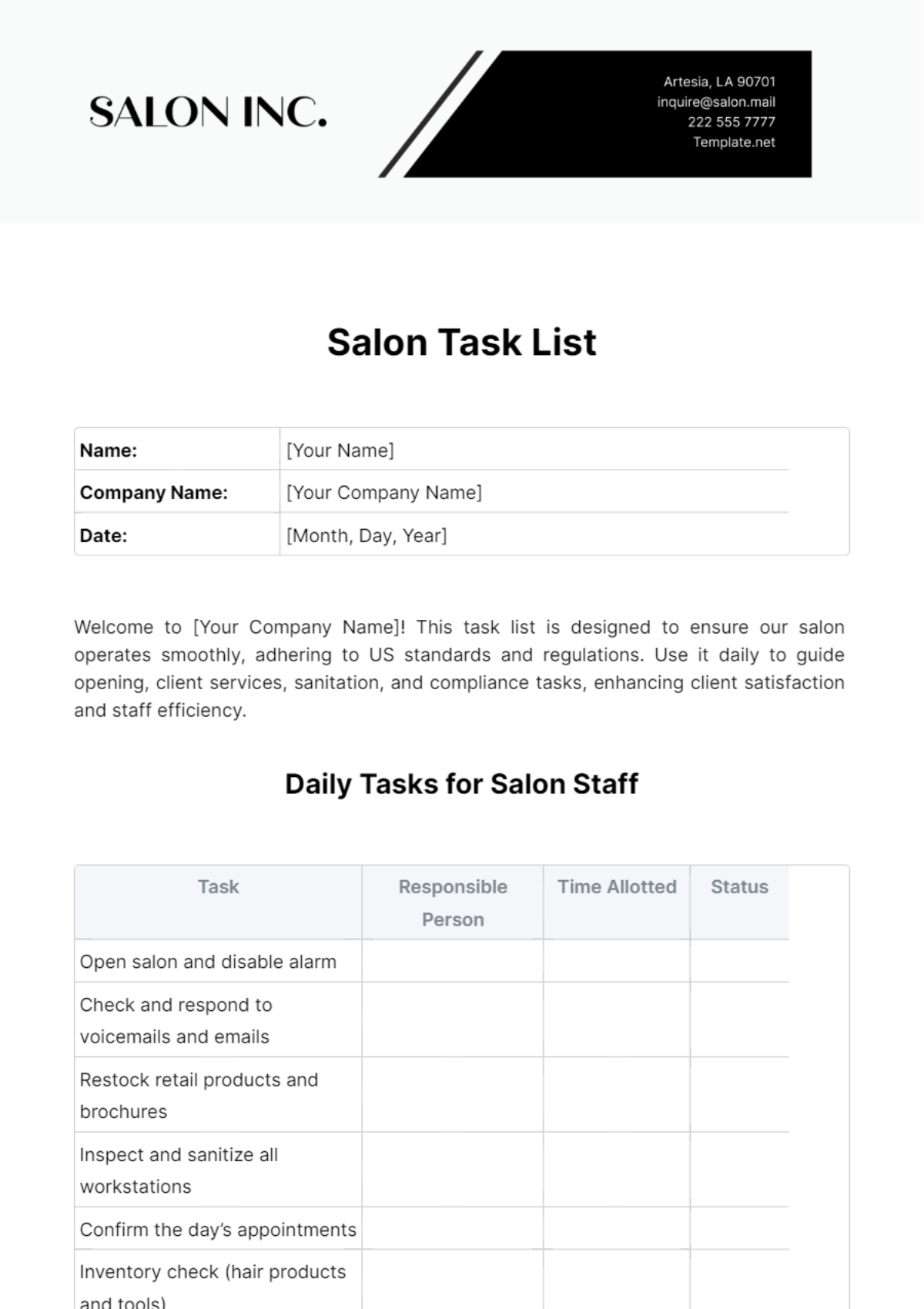 Salon Task List Template
