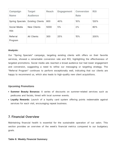Free Salon Weekly Report Template to Edit Online