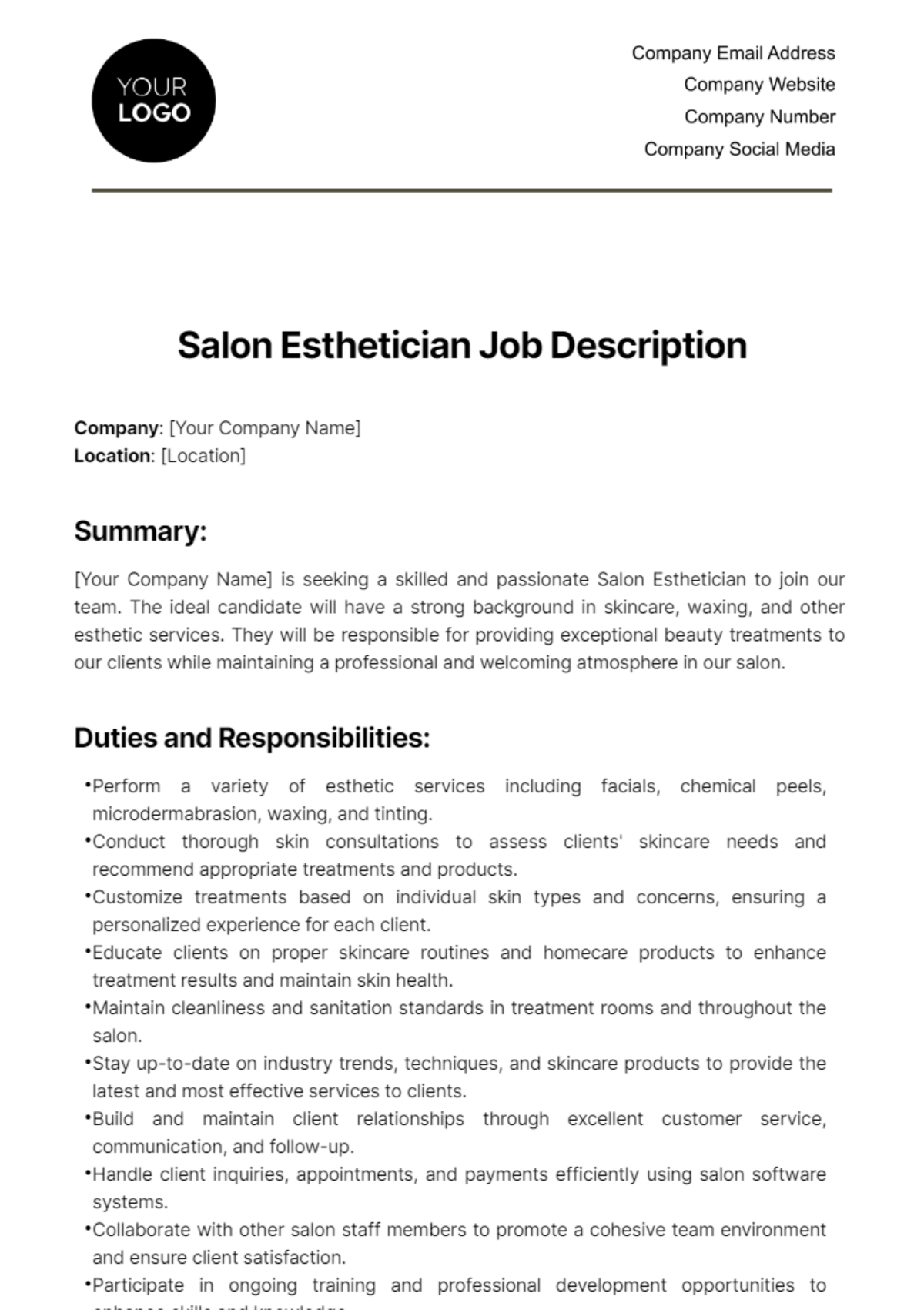 Free Salon Esthetician Job Description Template