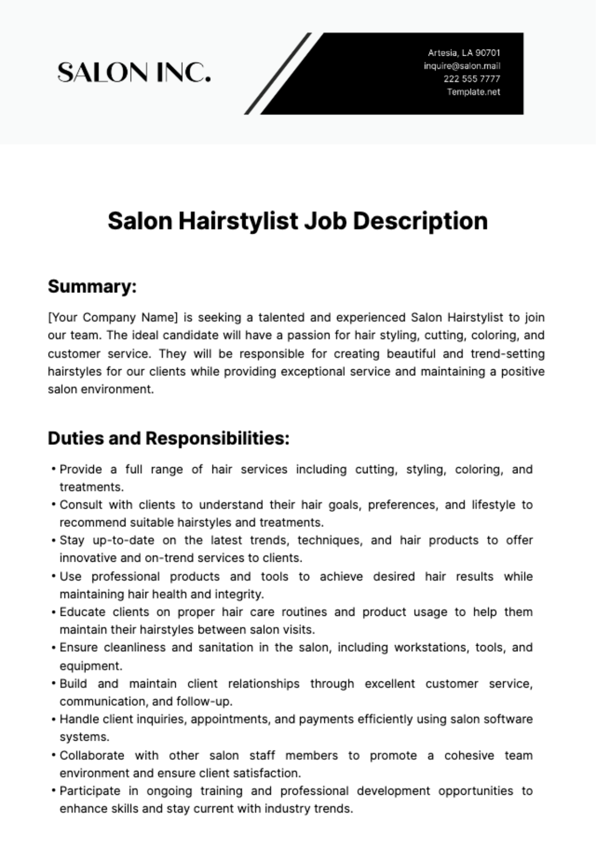 Salon Hairstylist Job Description Template - Edit Online & Download