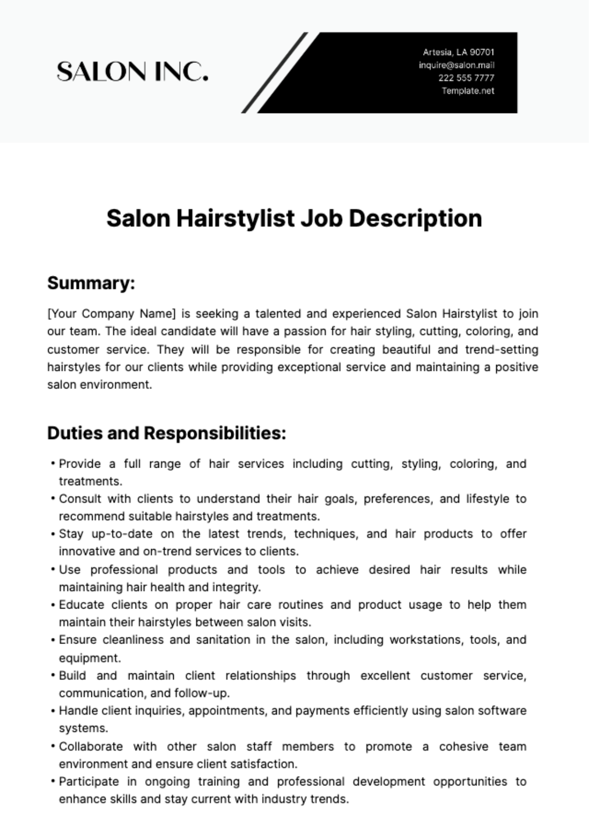 Free Salon Hairstylist Job Description Template To Edit Online