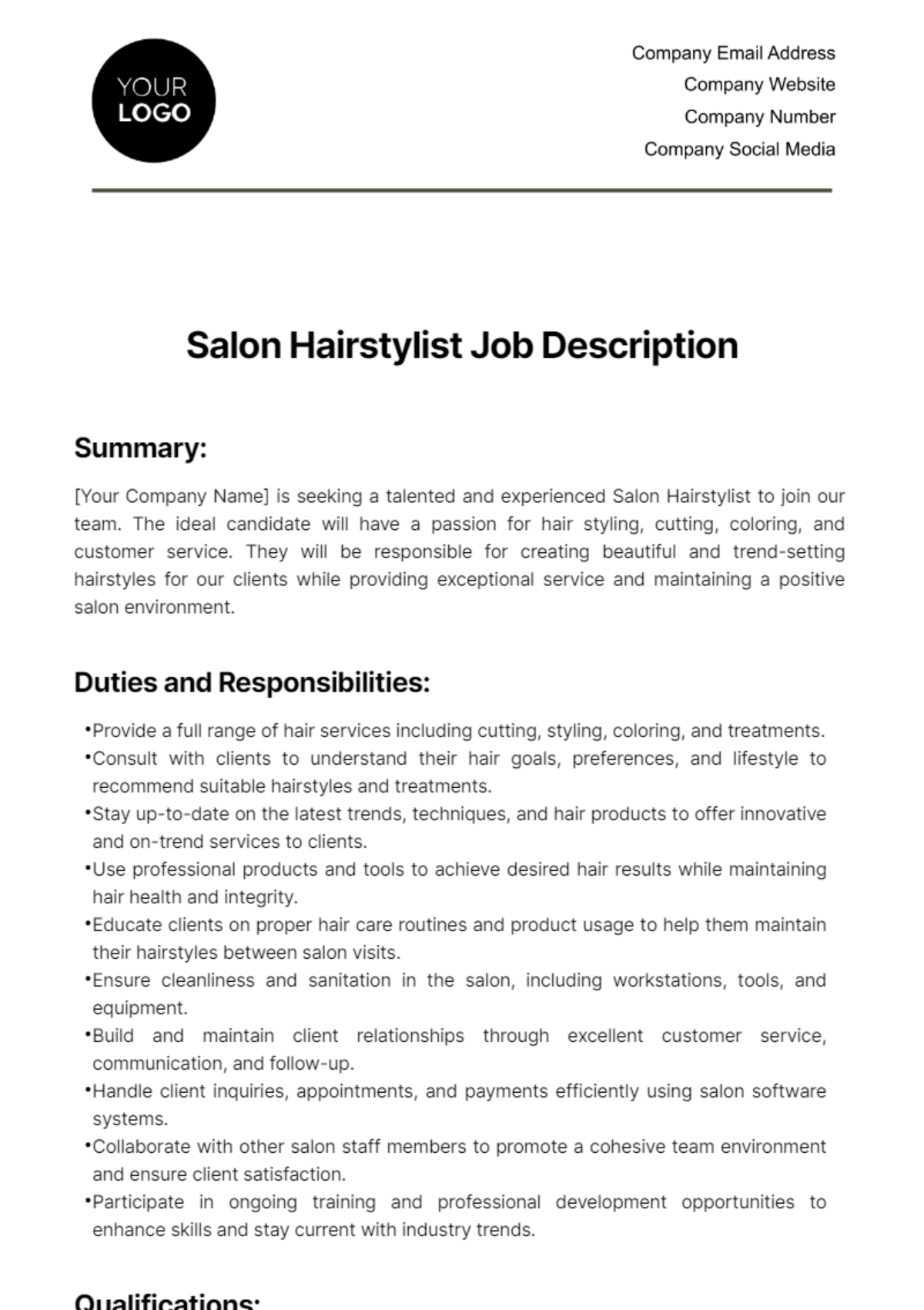 Free Salon Hairstylist Job Description Template