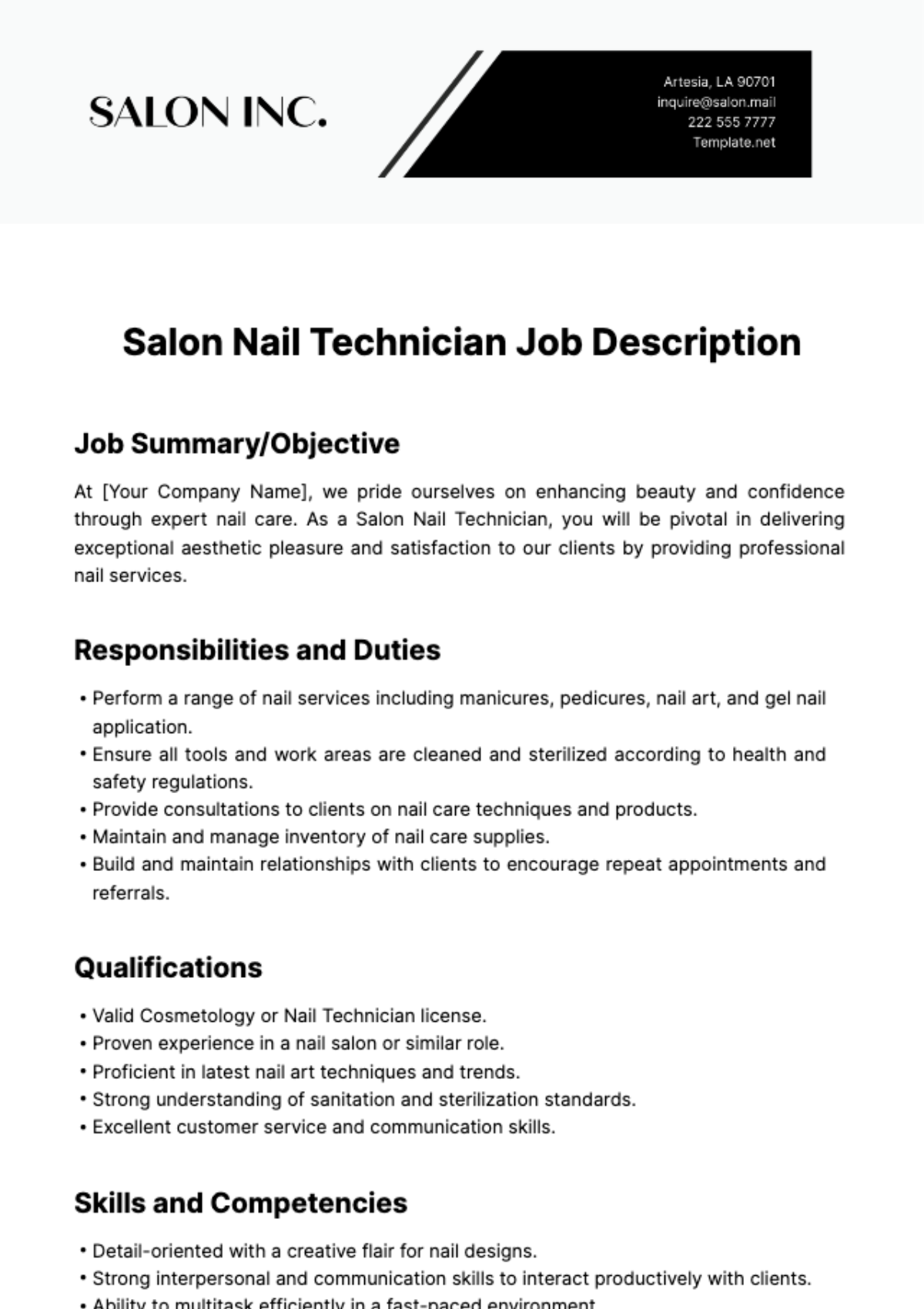 Salon Nail Technician Job Description Template