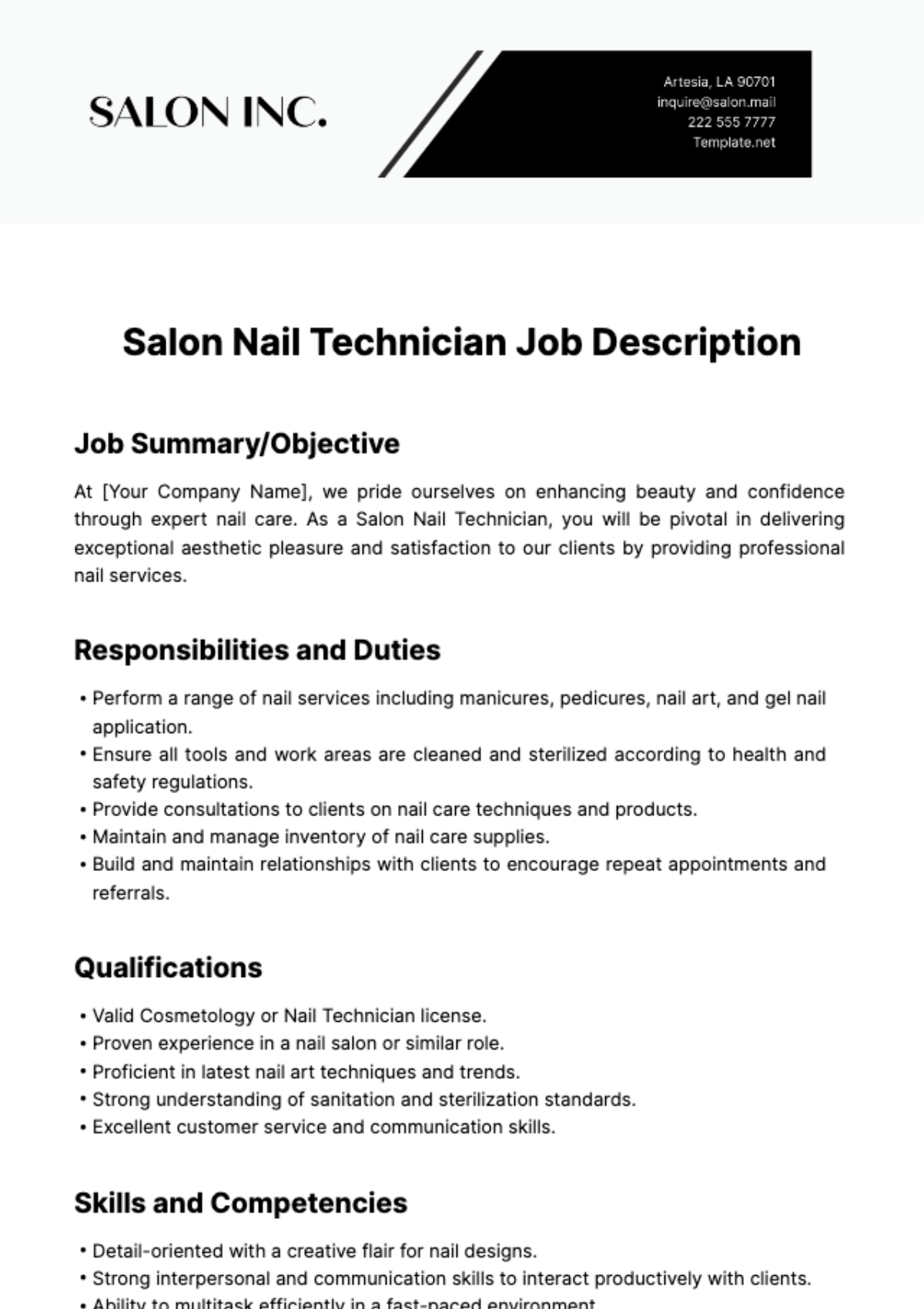 Salon Nail Technician Job Description Template - Edit Online & Download