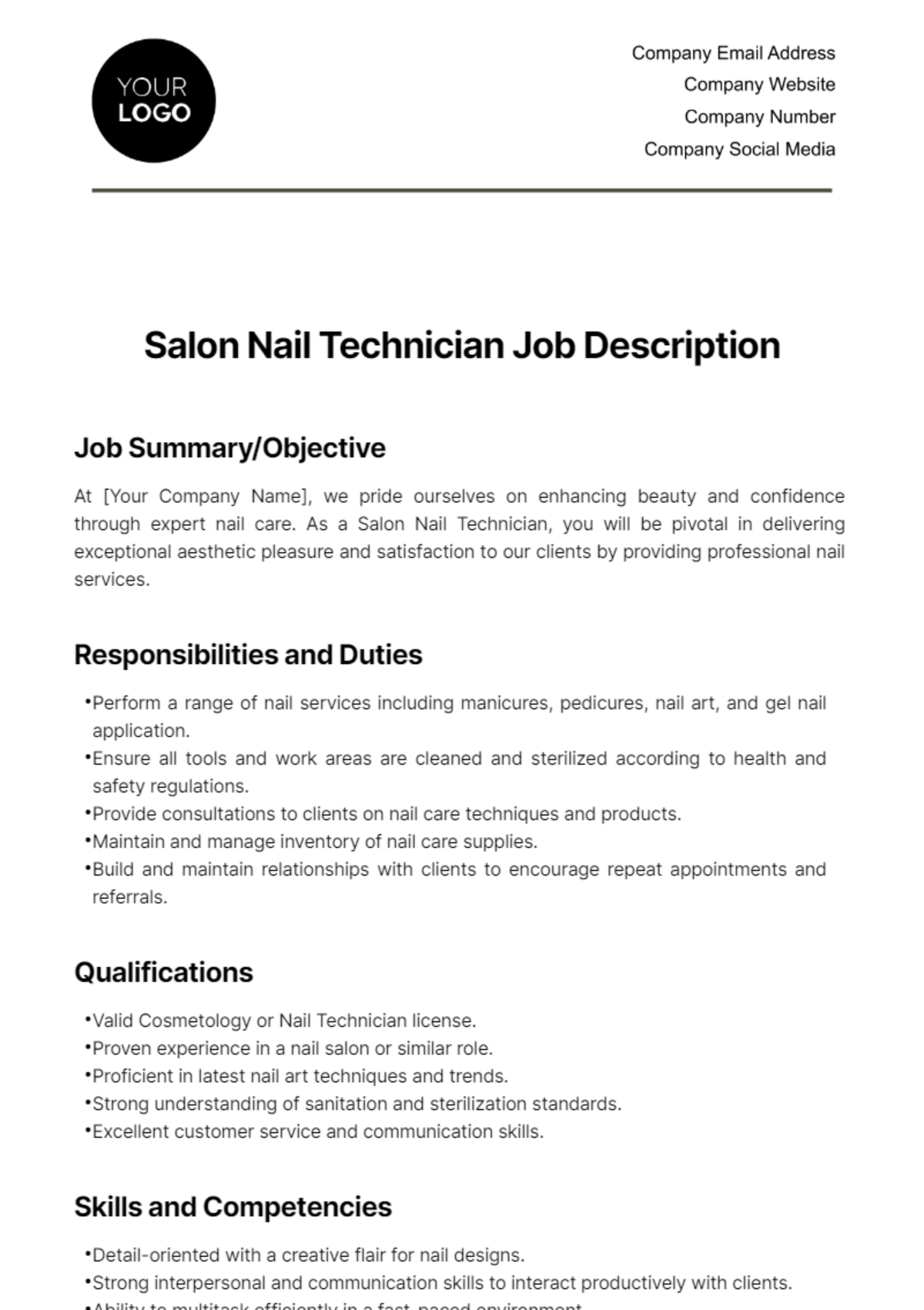 Free Salon Nail Technician Job Description Template