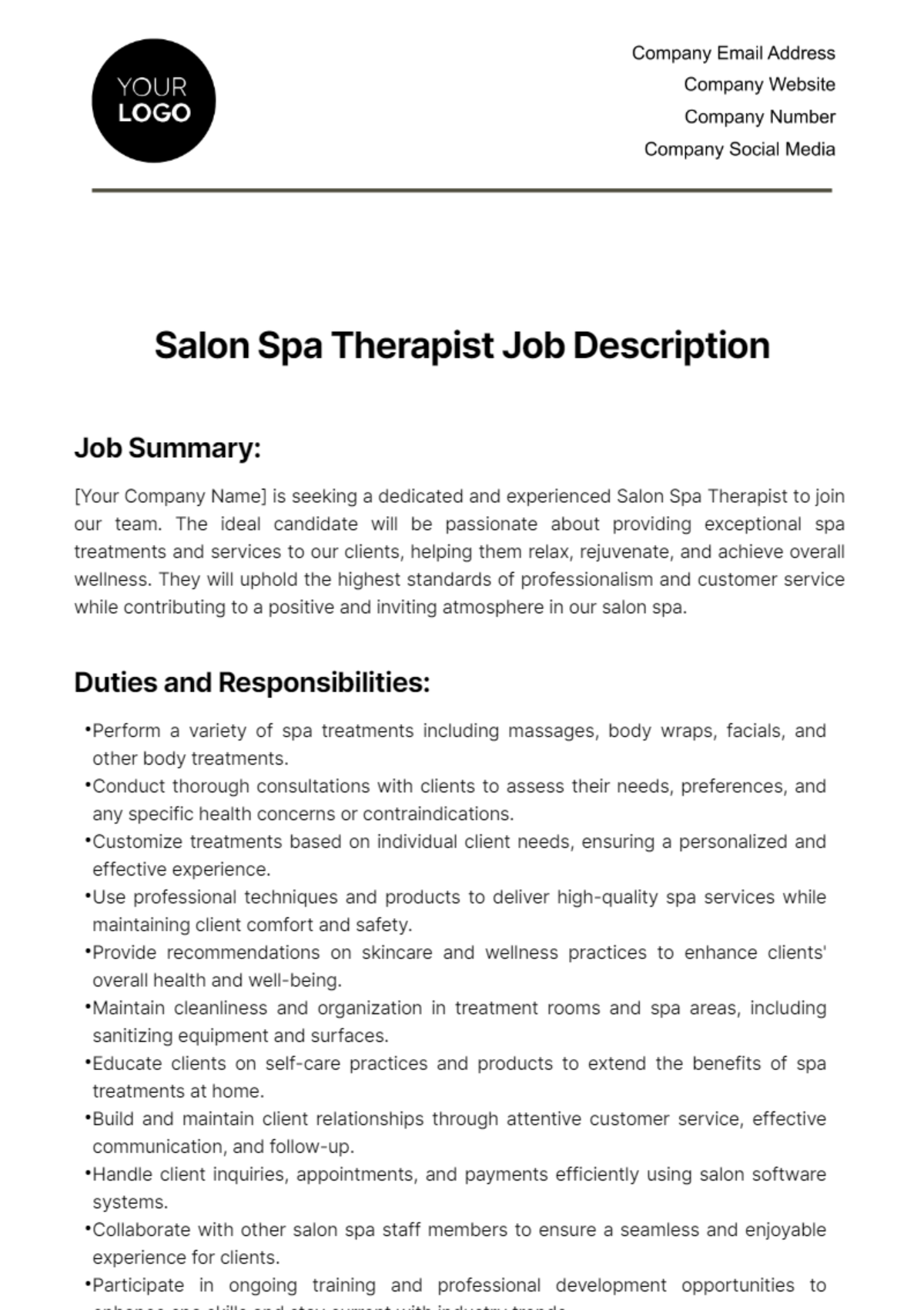 Salon Spa Therapist Job Description Template
