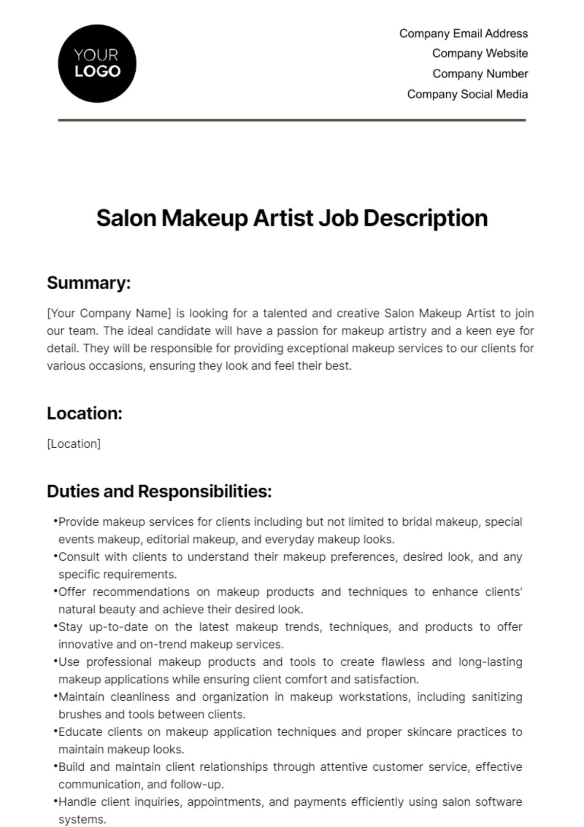 Salon Makeup Artist Job Description Template