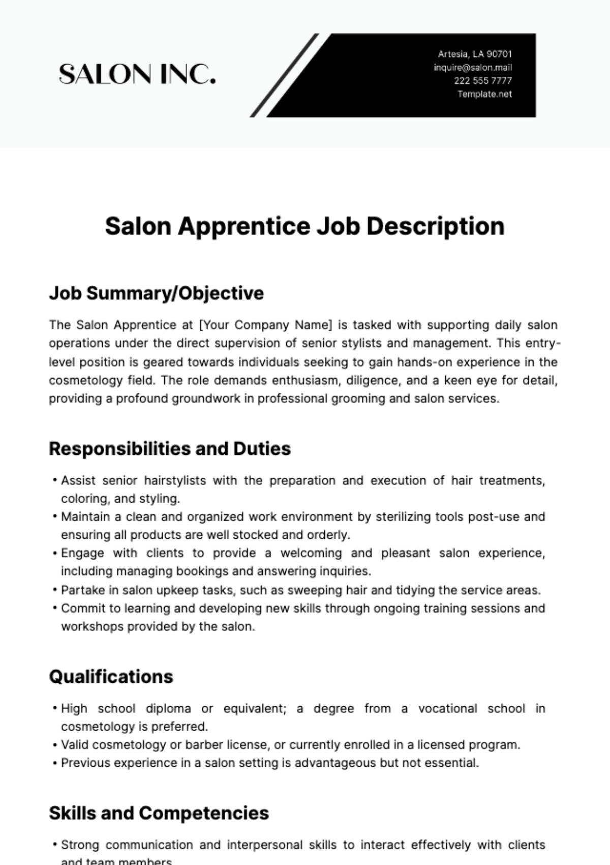 Salon Apprentice Job Description Template - Edit Online & Download