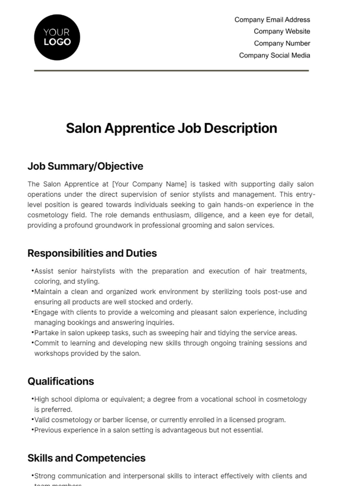 Free Salon Apprentice Job Description Template