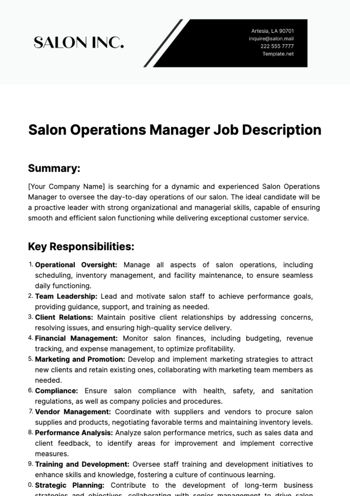 Salon Operations Manager Job Description Template