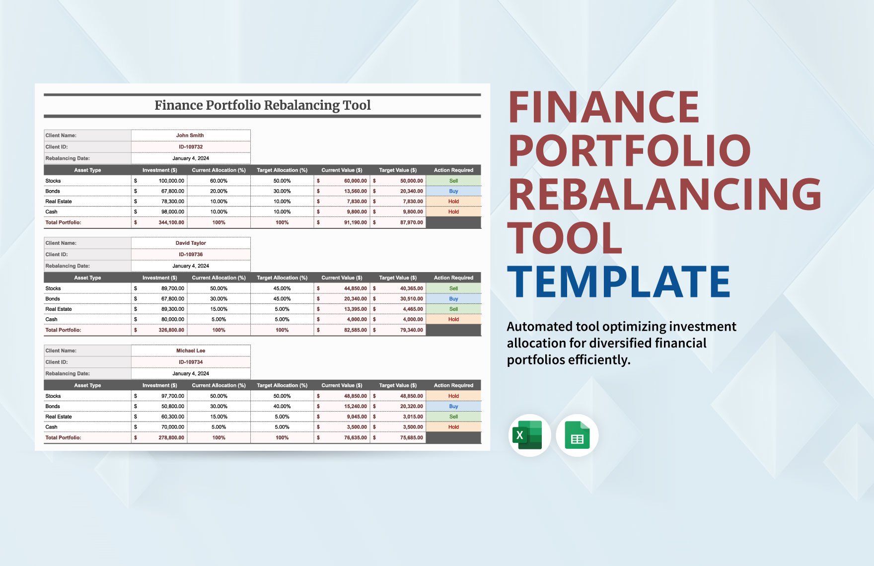 Finance Portfolio Rebalancing Tool Template in Excel, Google Sheets