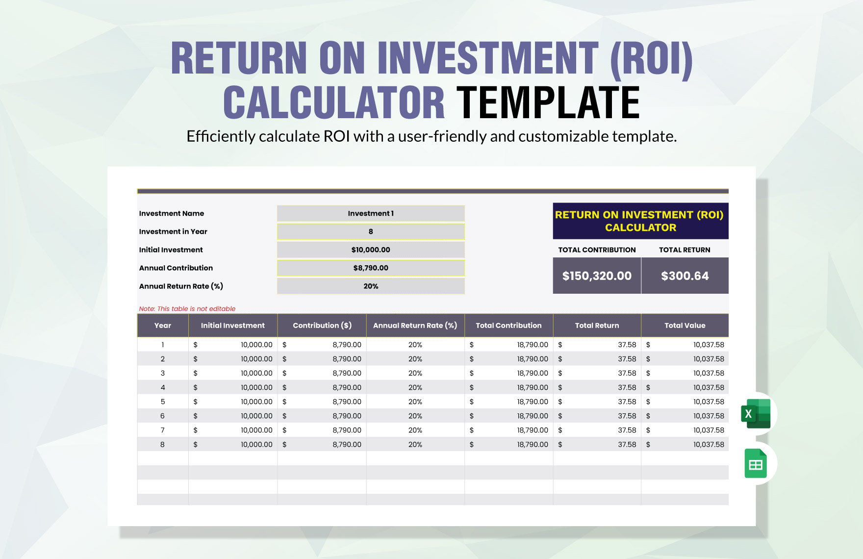 Return on Investment (ROI) Calculator Template in Excel, Google Sheets