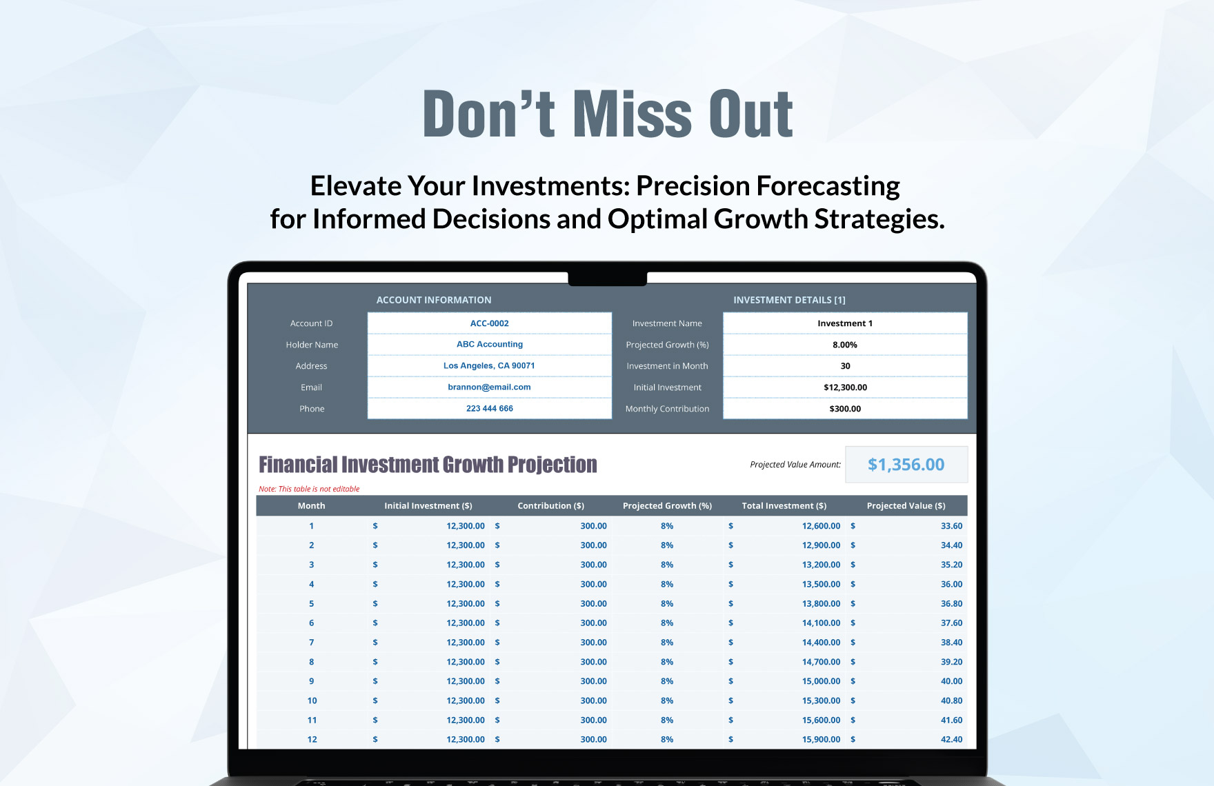 Financial Investment Growth Projection Template