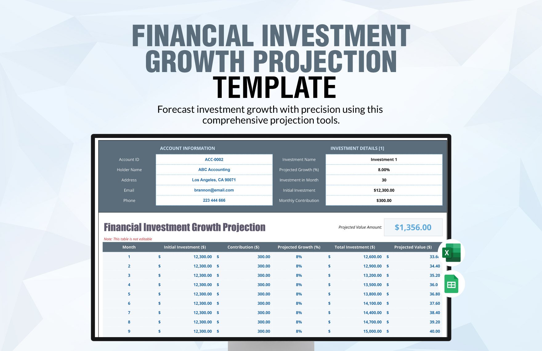 Financial Investment Growth Projection Template in Excel, Google Sheets