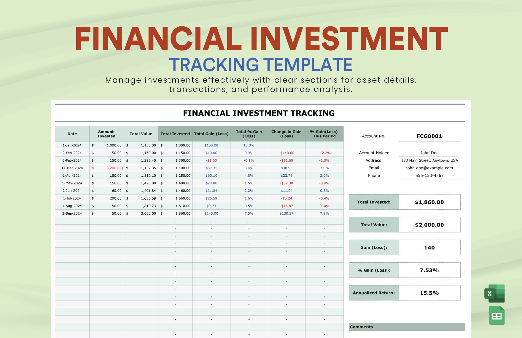 Financial Investment Tracking Template in Excel, Google Sheets