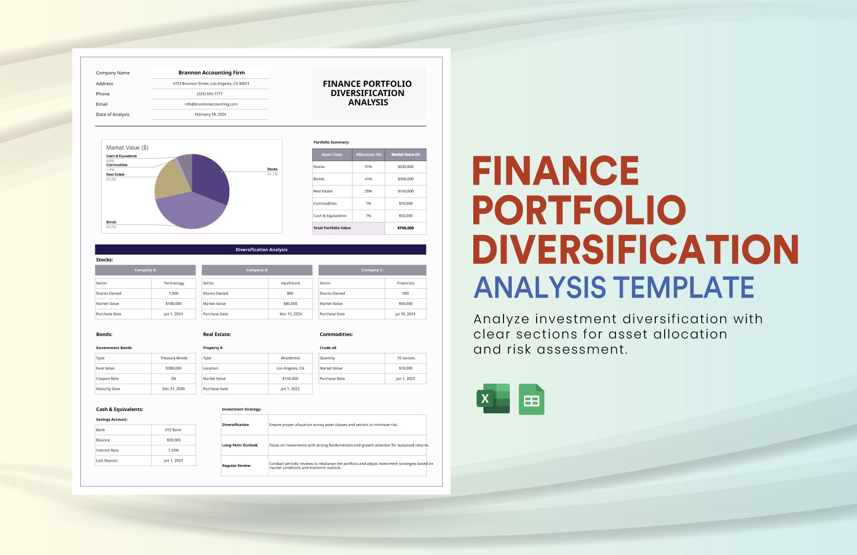 Finance Portfolio Diversification Analysis Template in Excel, Google Sheets