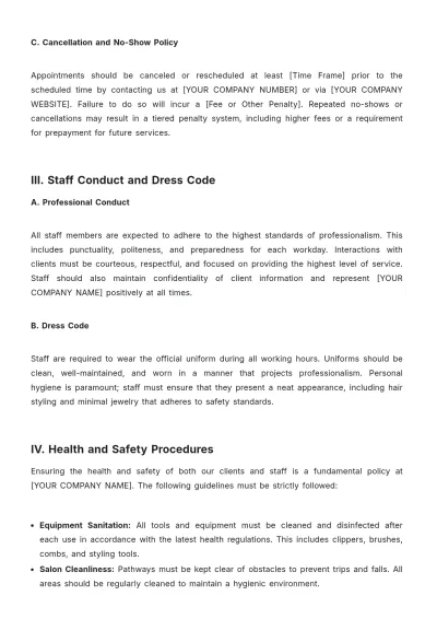 Free Salon Policy and Procedure Template to Edit Online