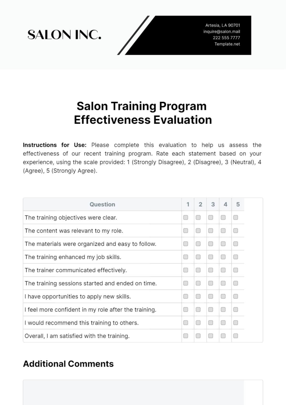 Salon Training Program Effectiveness Evaluation Template