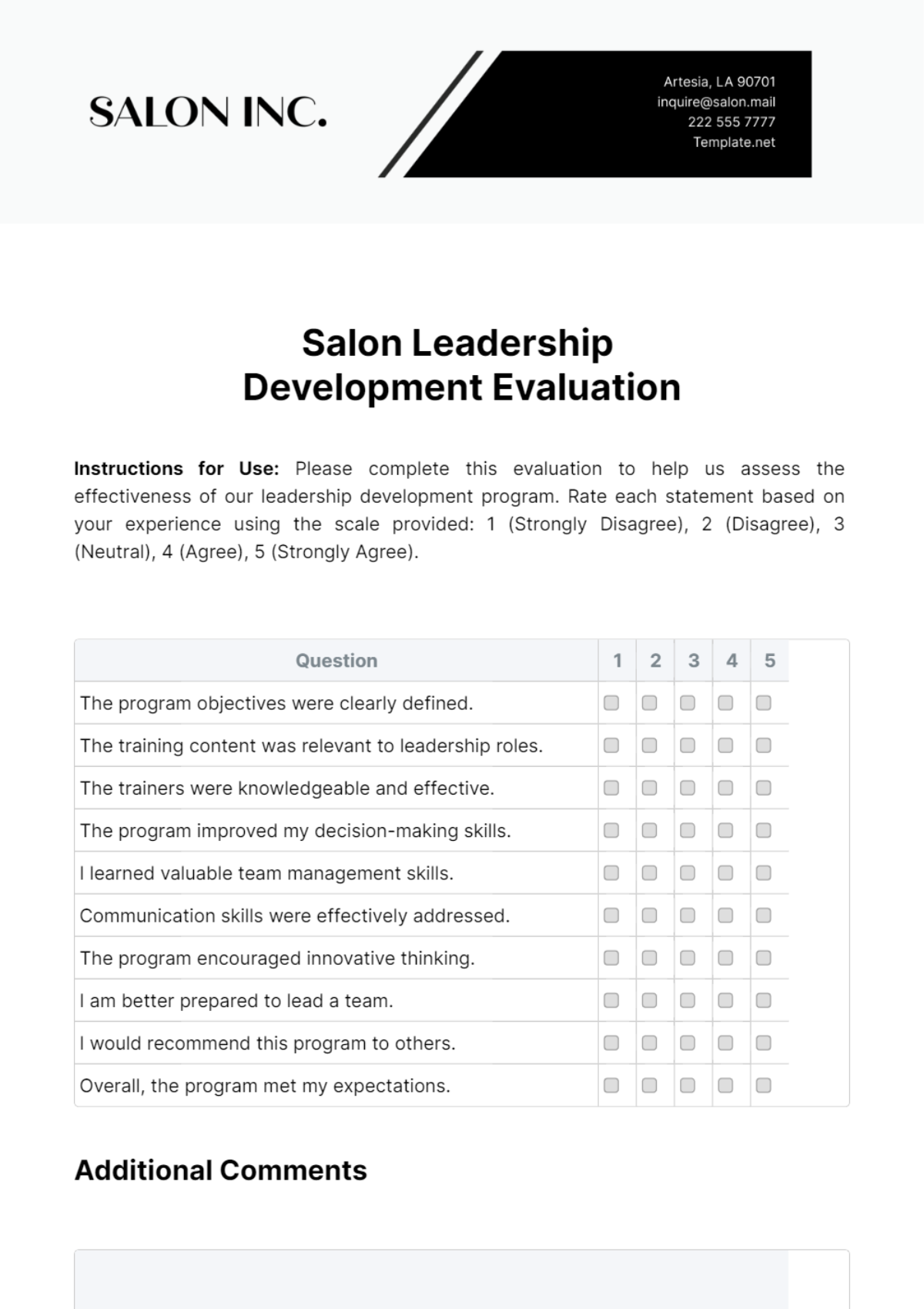 Salon Leadership Development Evaluation Template - Edit Online & Download