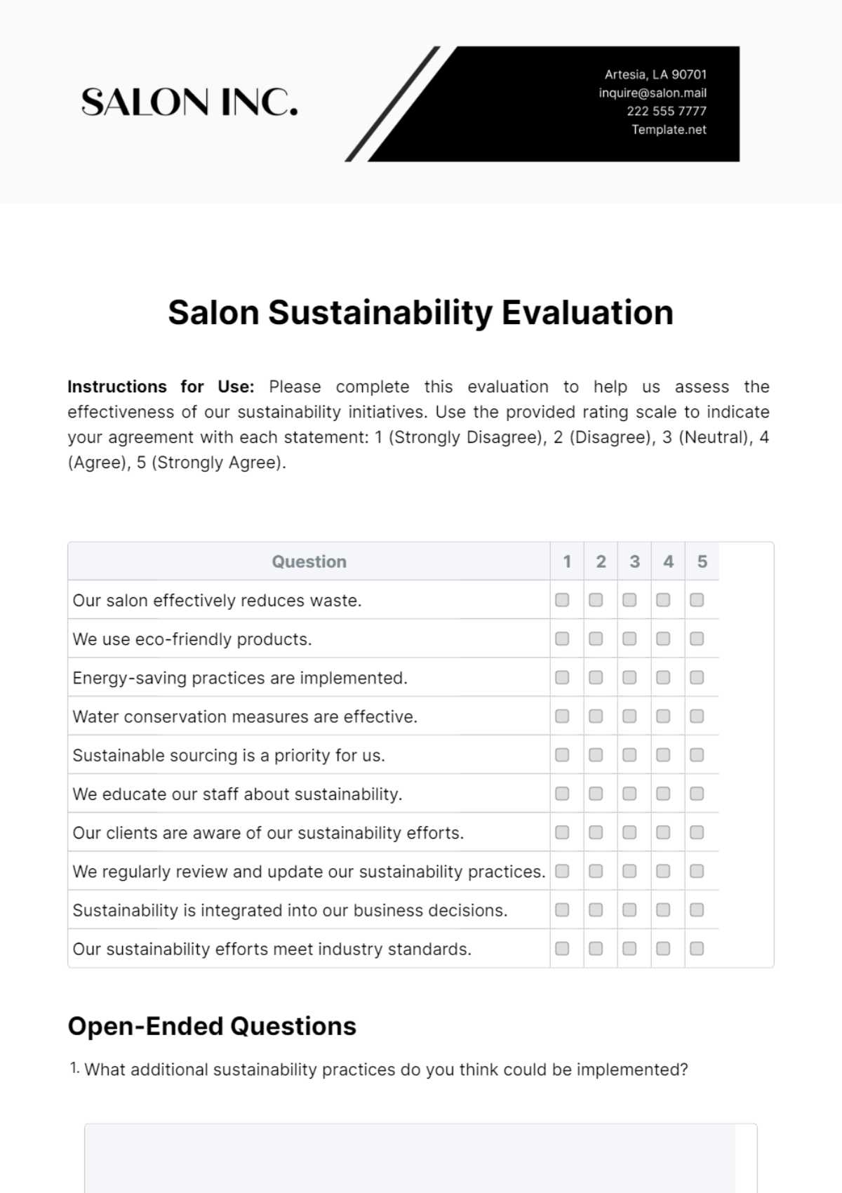 Salon Sustainability Evaluation Template - Edit Online & Download