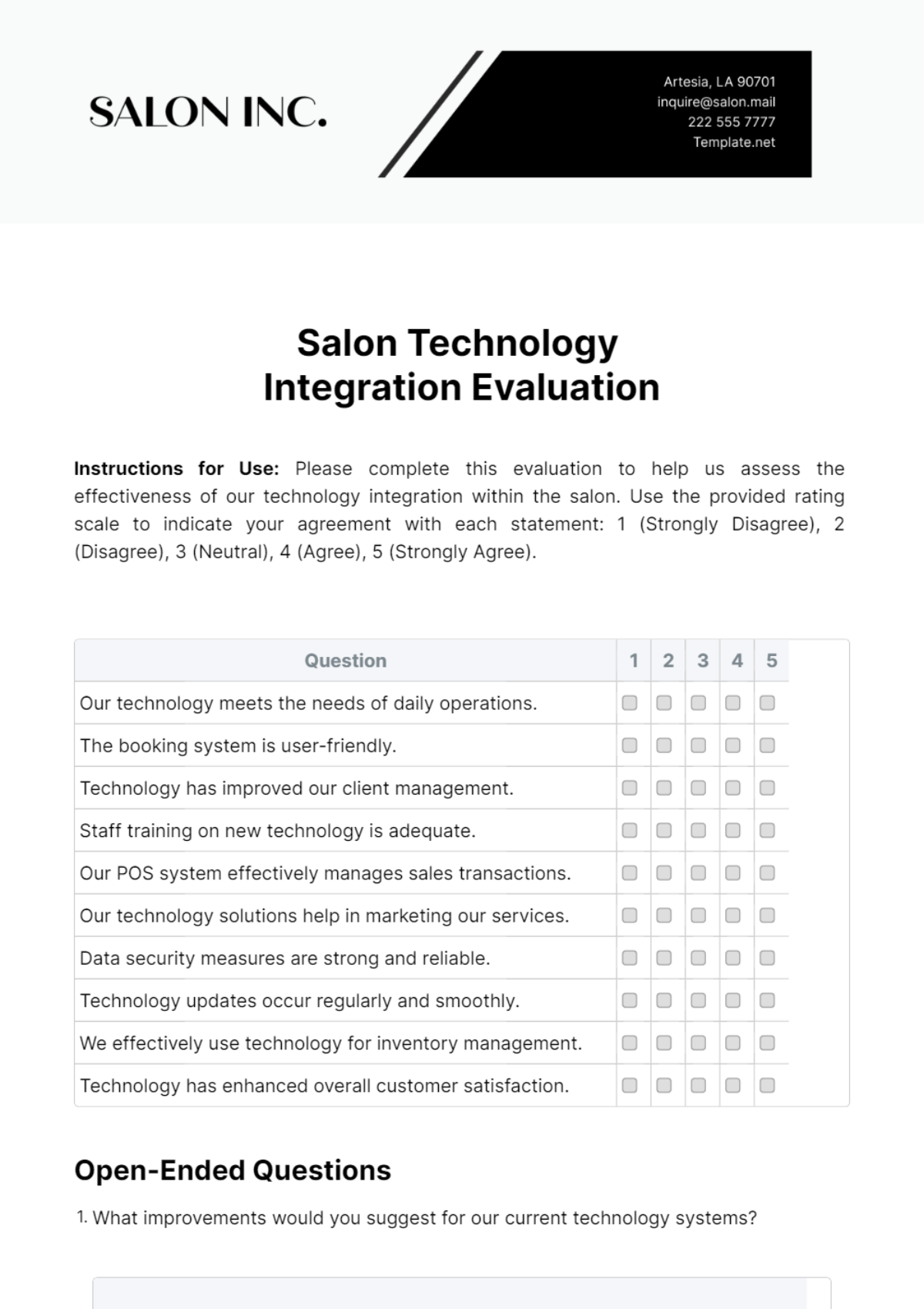 Salon Technology Integration Evaluation Template