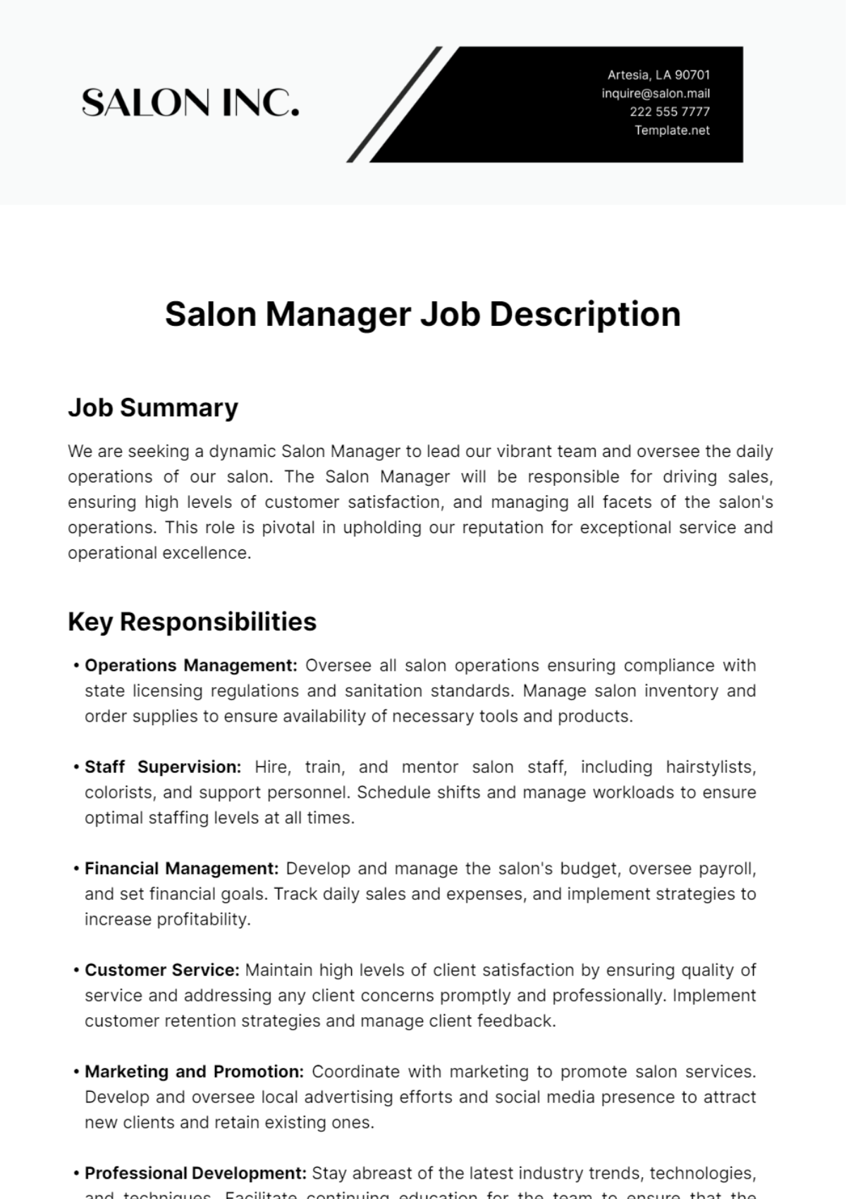 Free Salon Manager Job Description Template