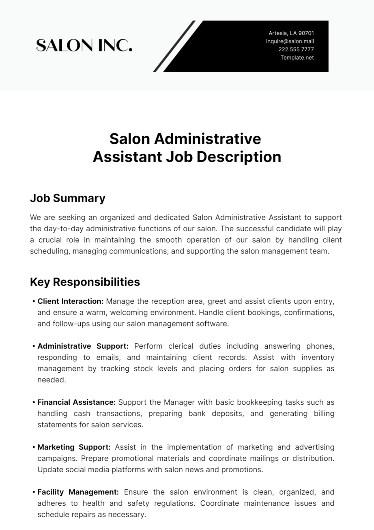 Salon Administrative Assistant Job Description Template