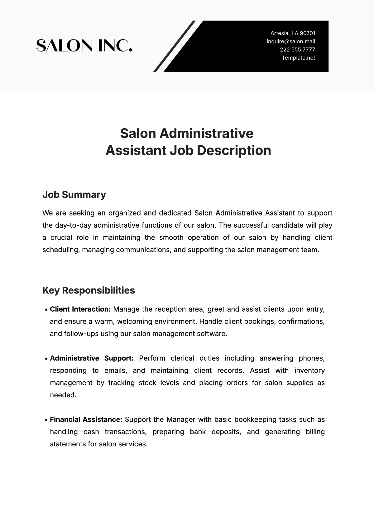 Free Salon Administrative Assistant Job Description Template