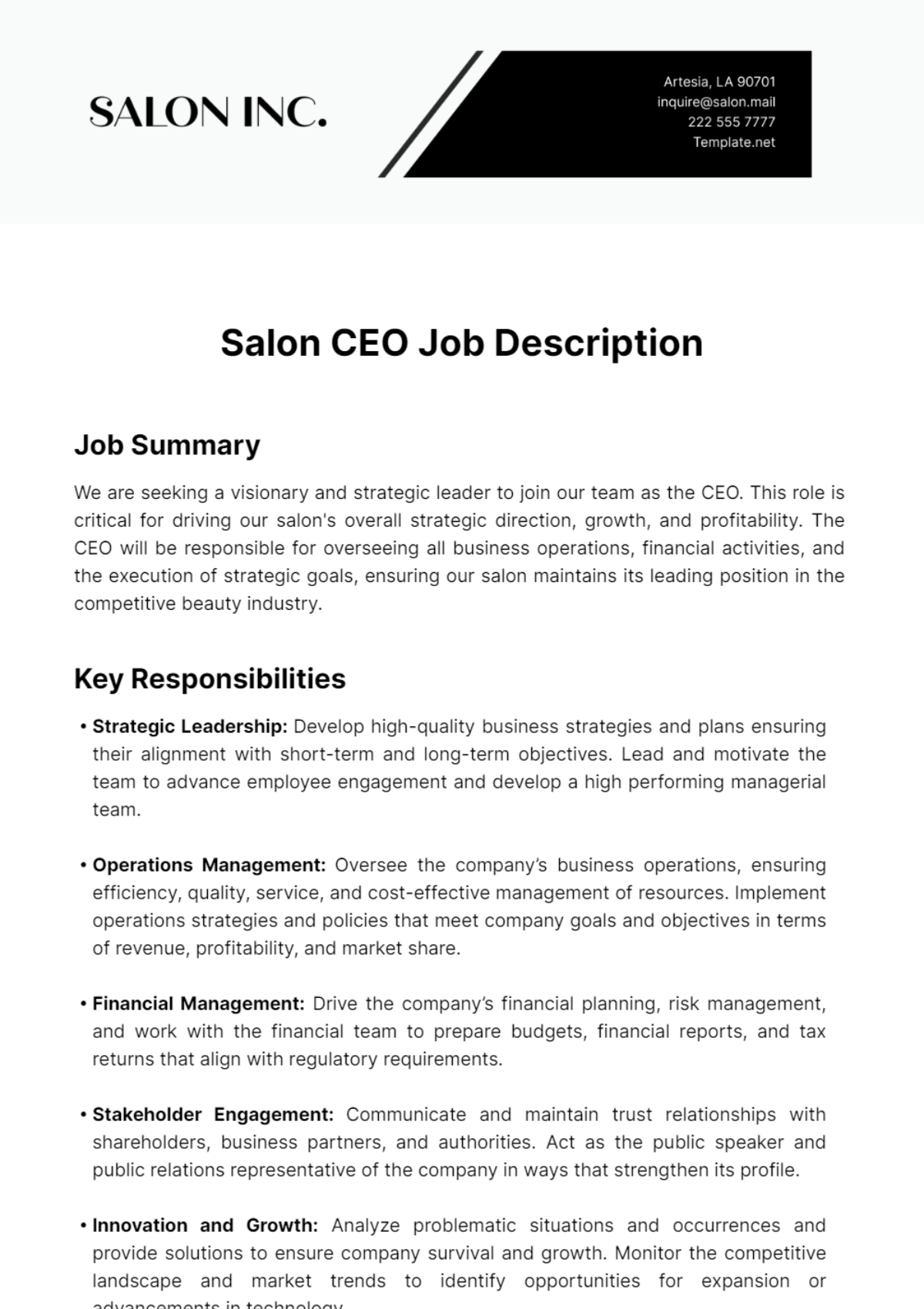 Salon CEO Job Description Template