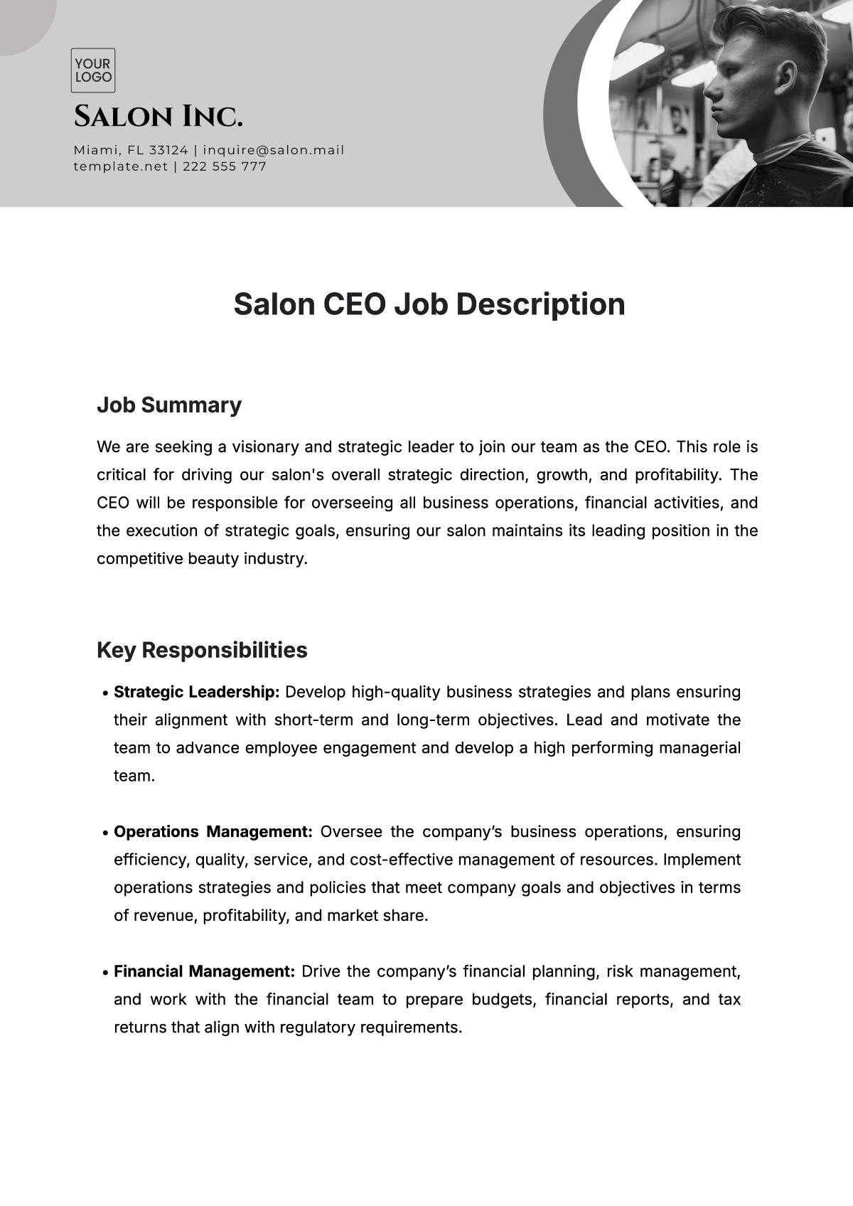 Free Salon CEO Job Description Template