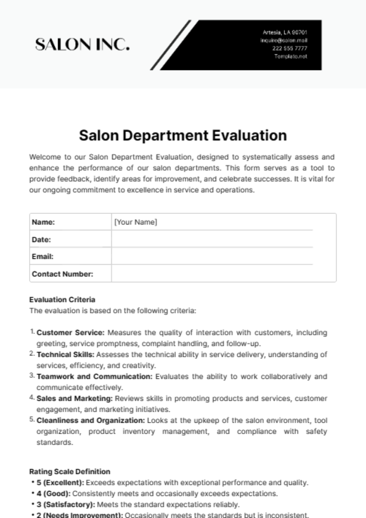 Salon Department Evaluation Template - Edit Online & Download