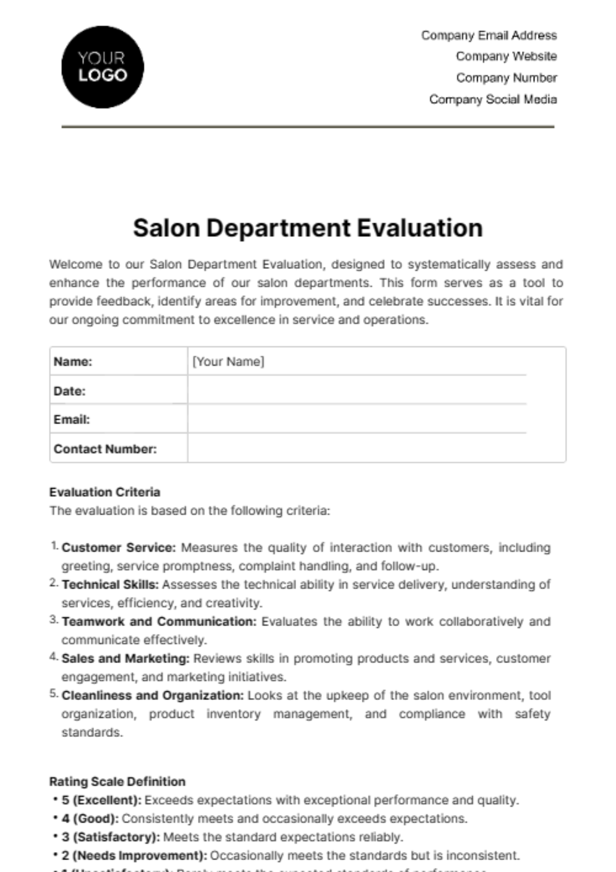 Free Salon Department Evaluation Template