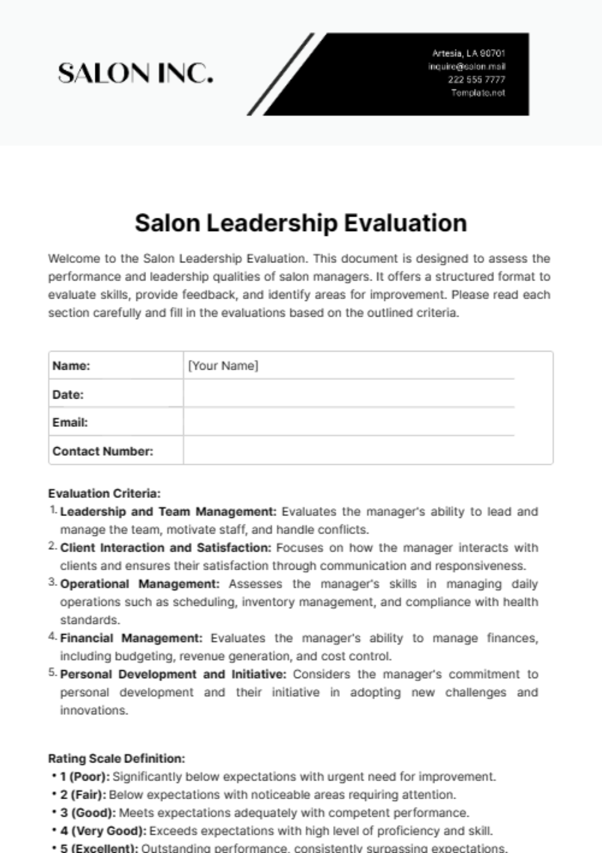 Salon Leadership Evaluation Template - Edit Online & Download