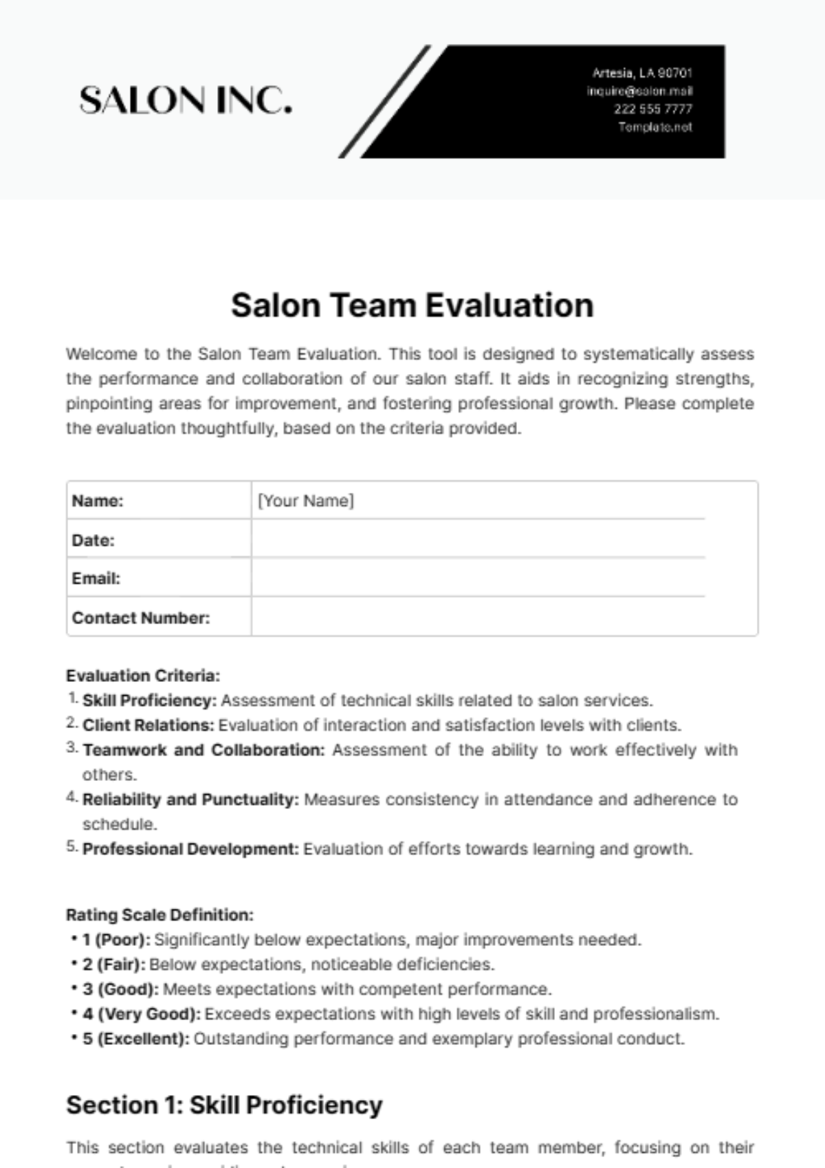 Salon Team Evaluation Template - Edit Online & Download