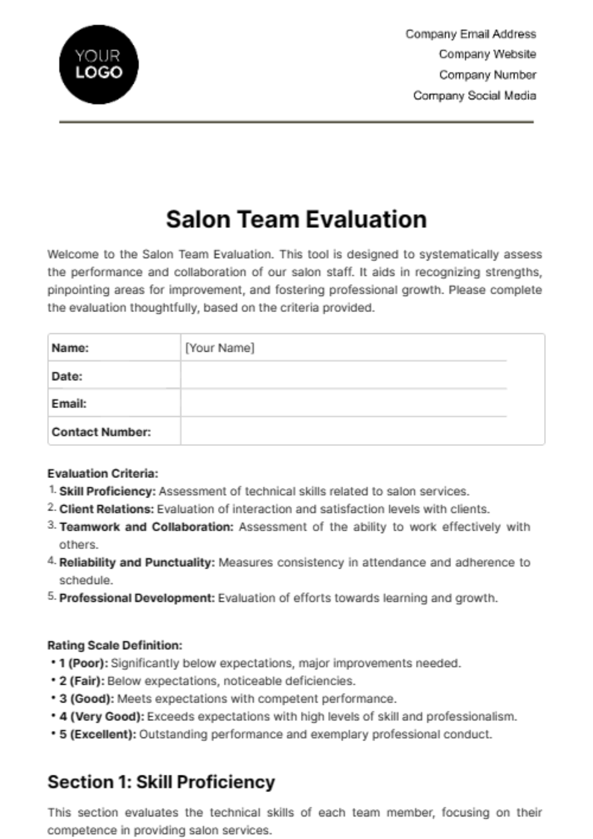 Free Salon Team Evaluation Template