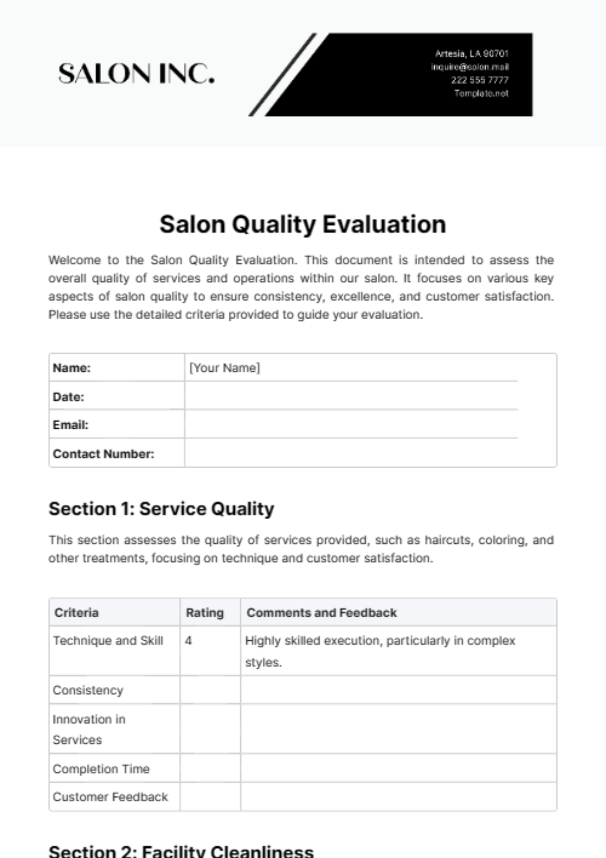 Salon Quality Evaluation Template