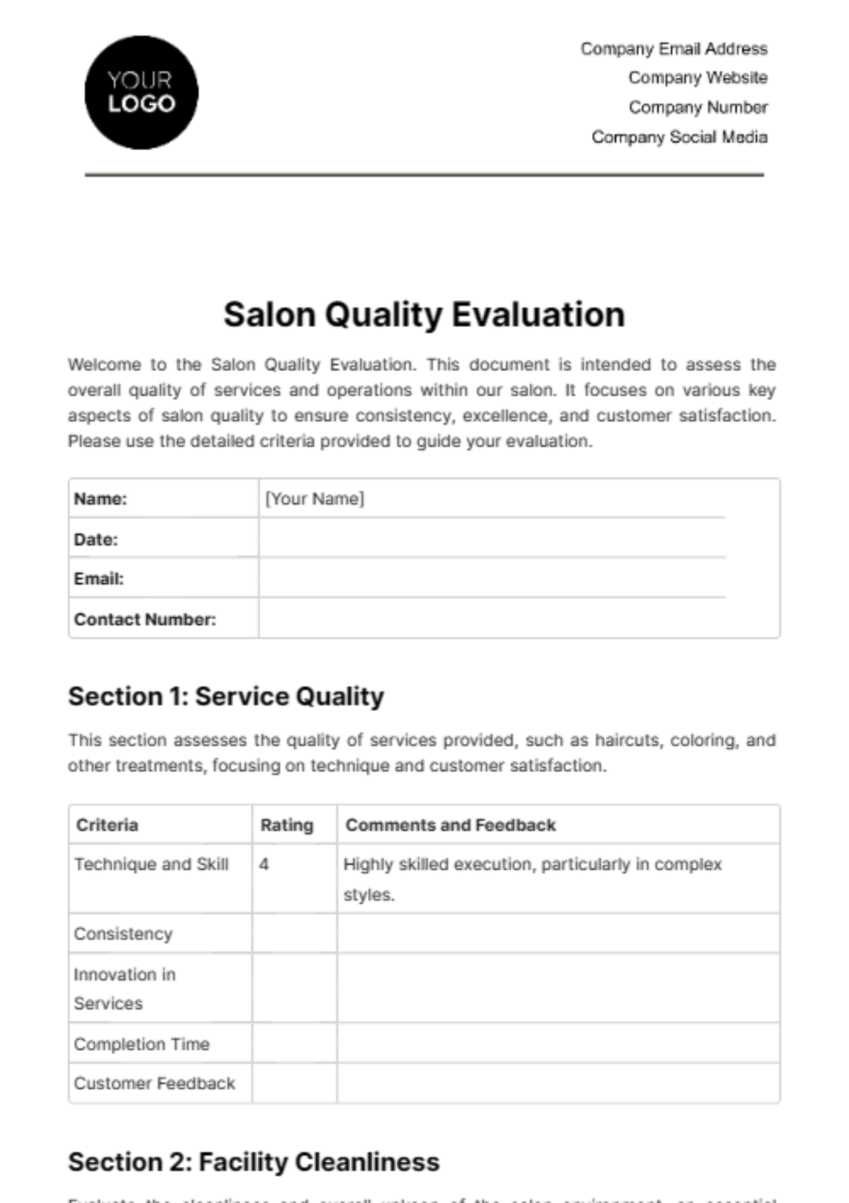 Salon Quality Evaluation Template