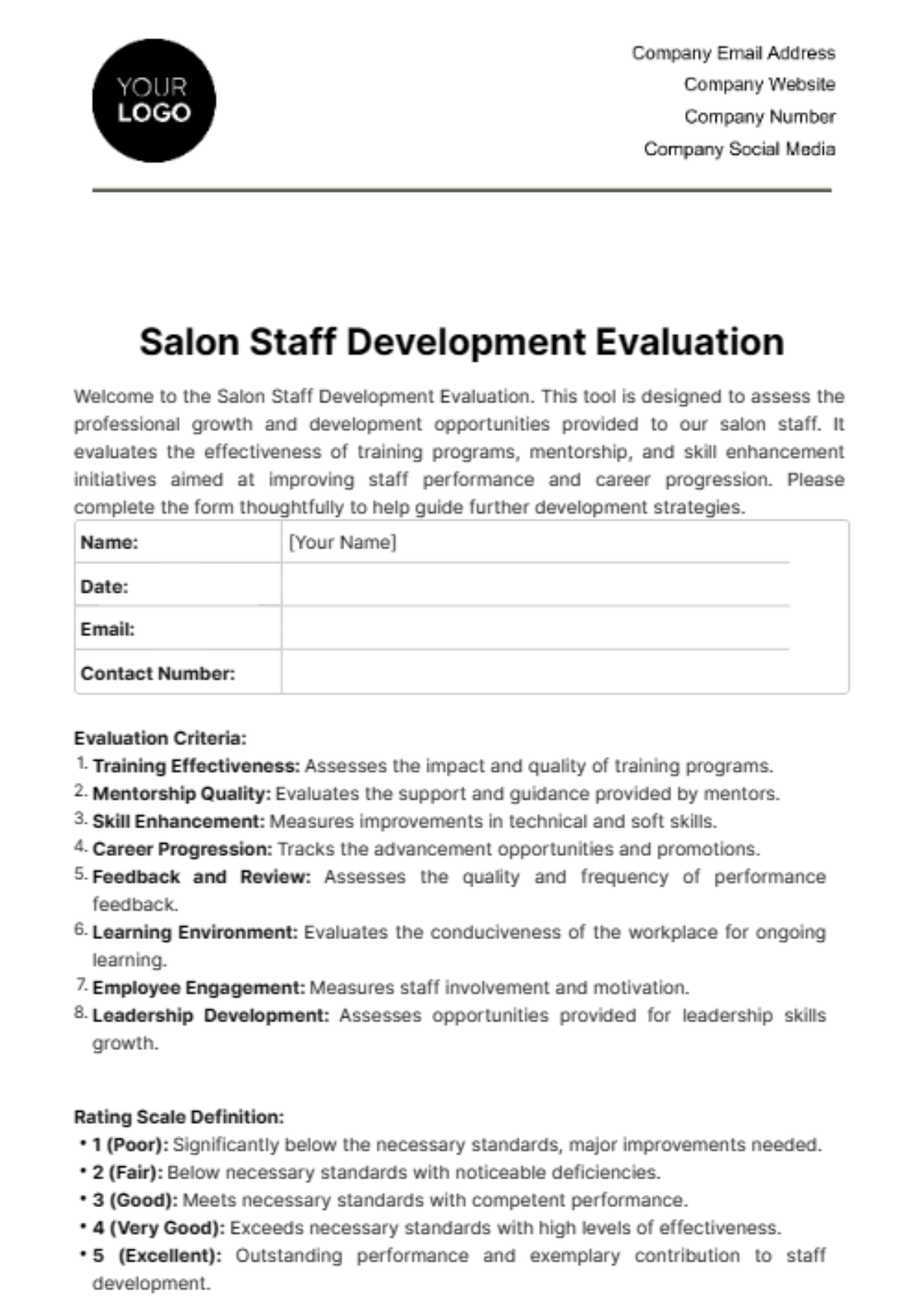 Salon Staff Development Evaluation Template