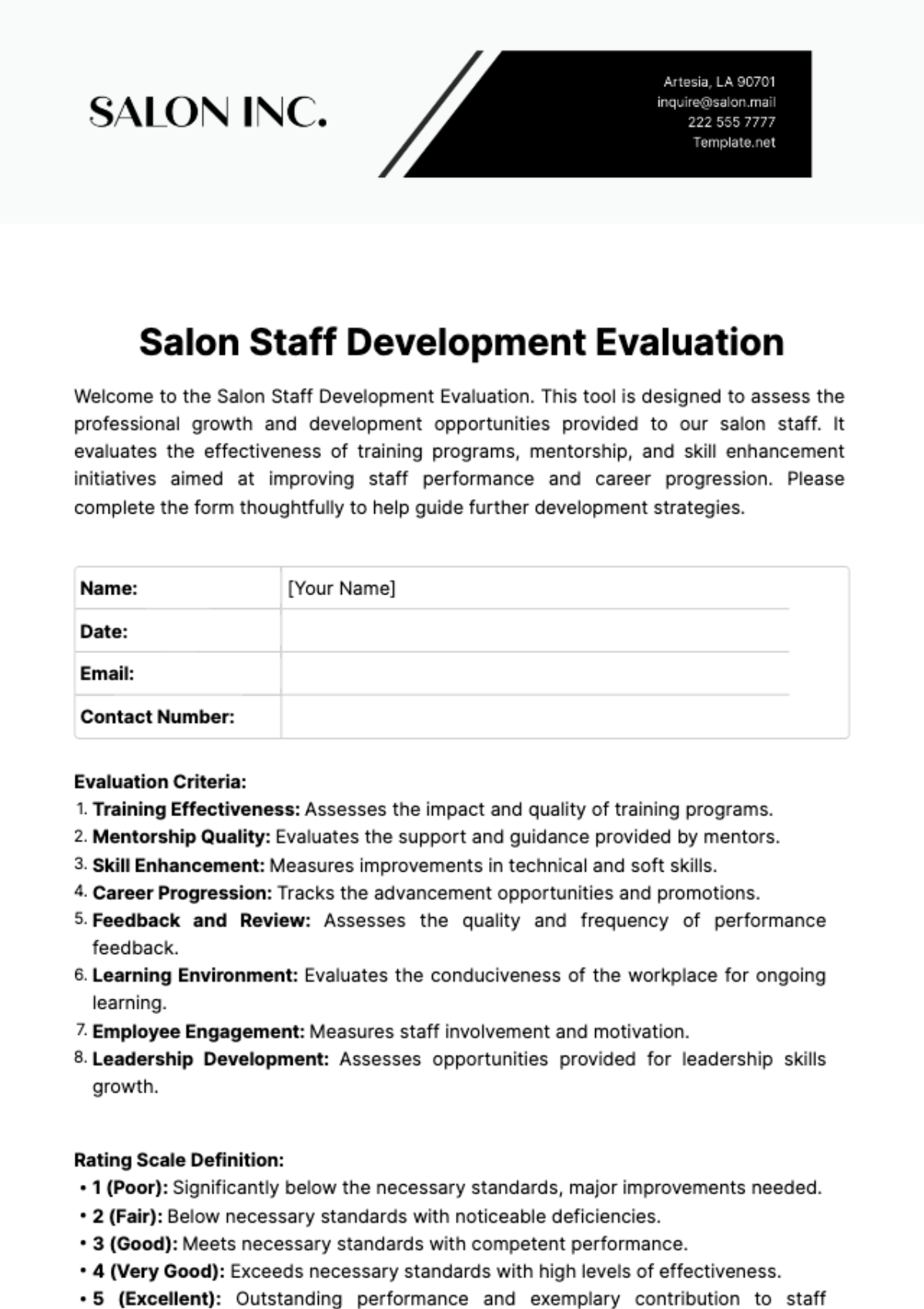 Salon Staff Development Evaluation Template
