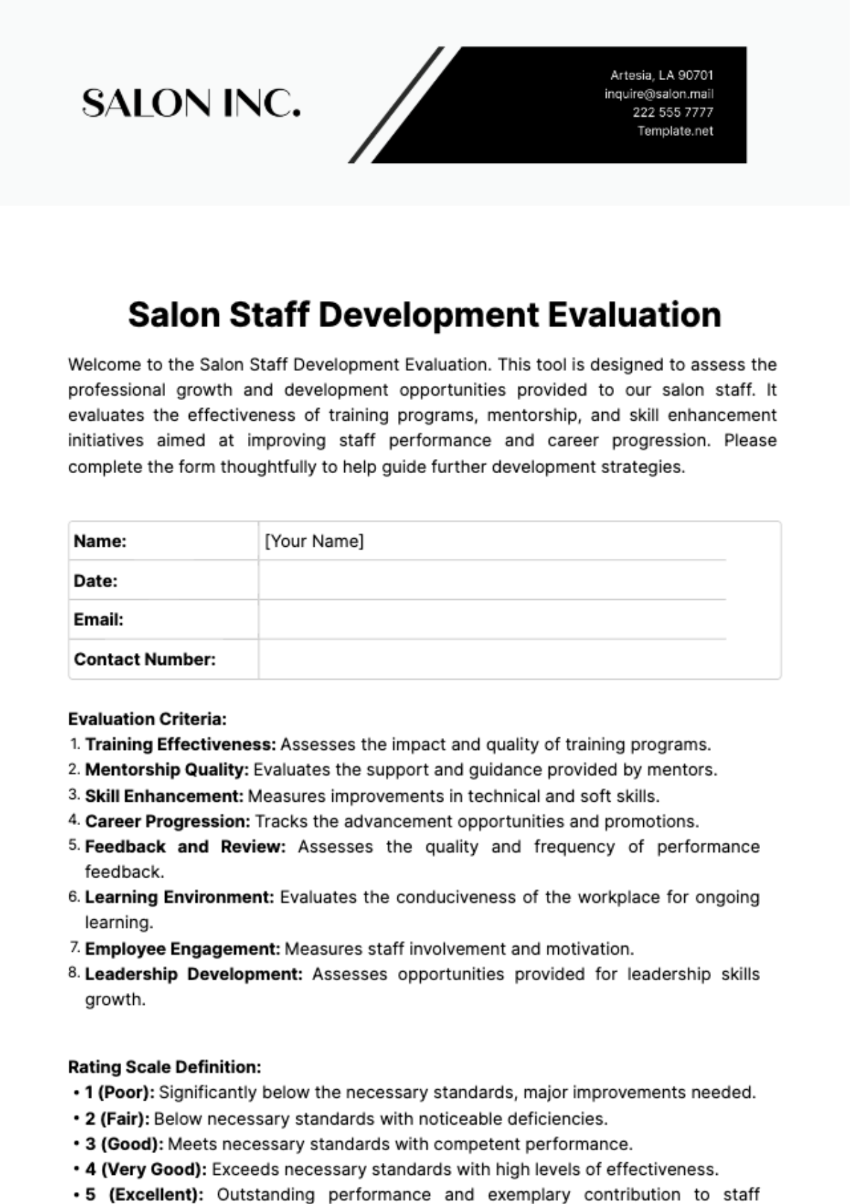 Salon Staff Development Evaluation Template - Edit Online & Download