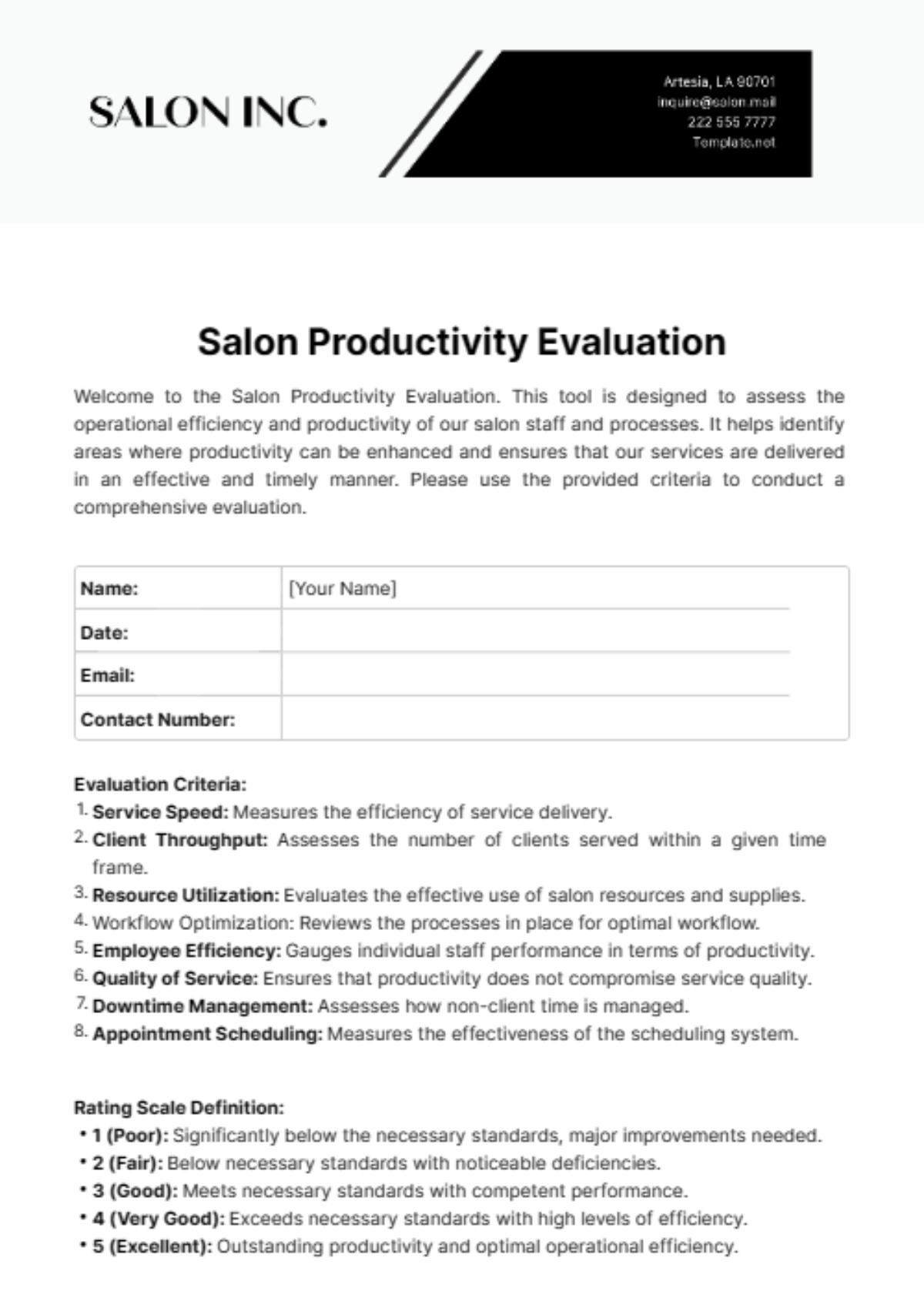 Salon Productivity Evaluation Template - Edit Online & Download