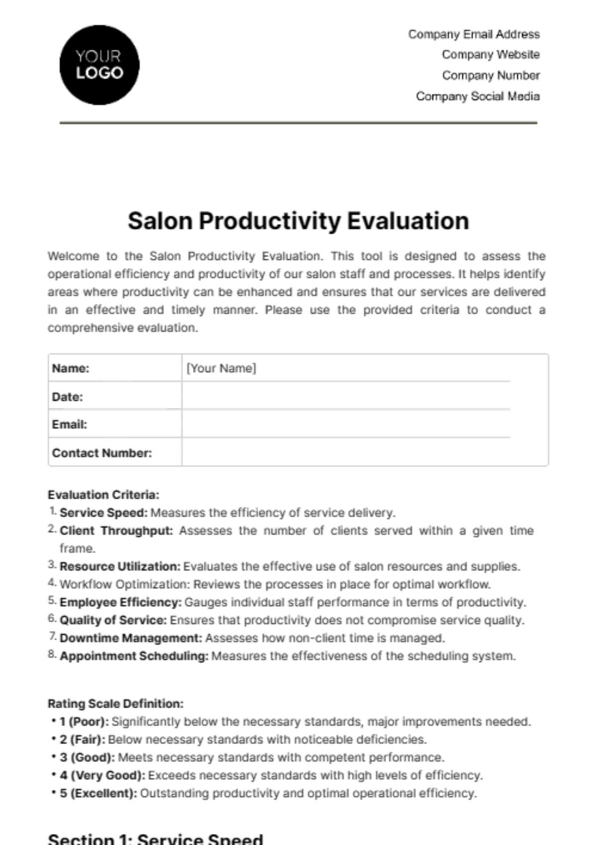 Free Salon Productivity Evaluation Template