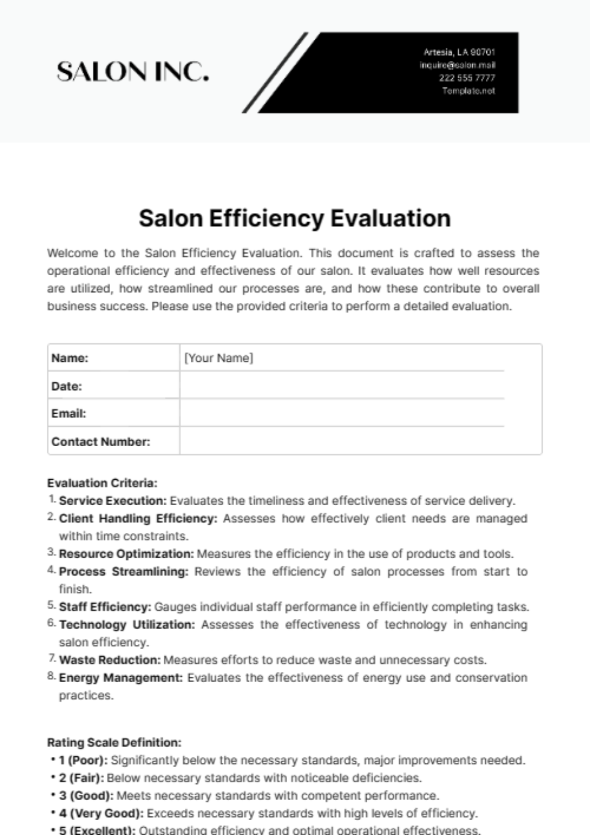 Salon Efficiency Evaluation Template - Edit Online & Download