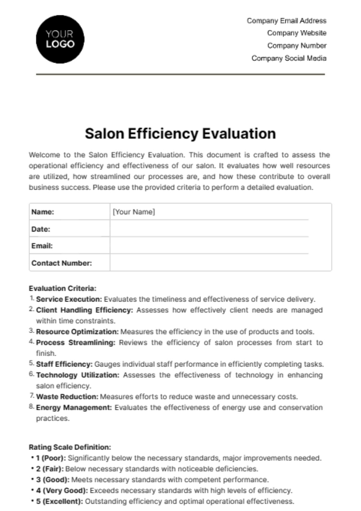 Free Salon Efficiency Evaluation Template