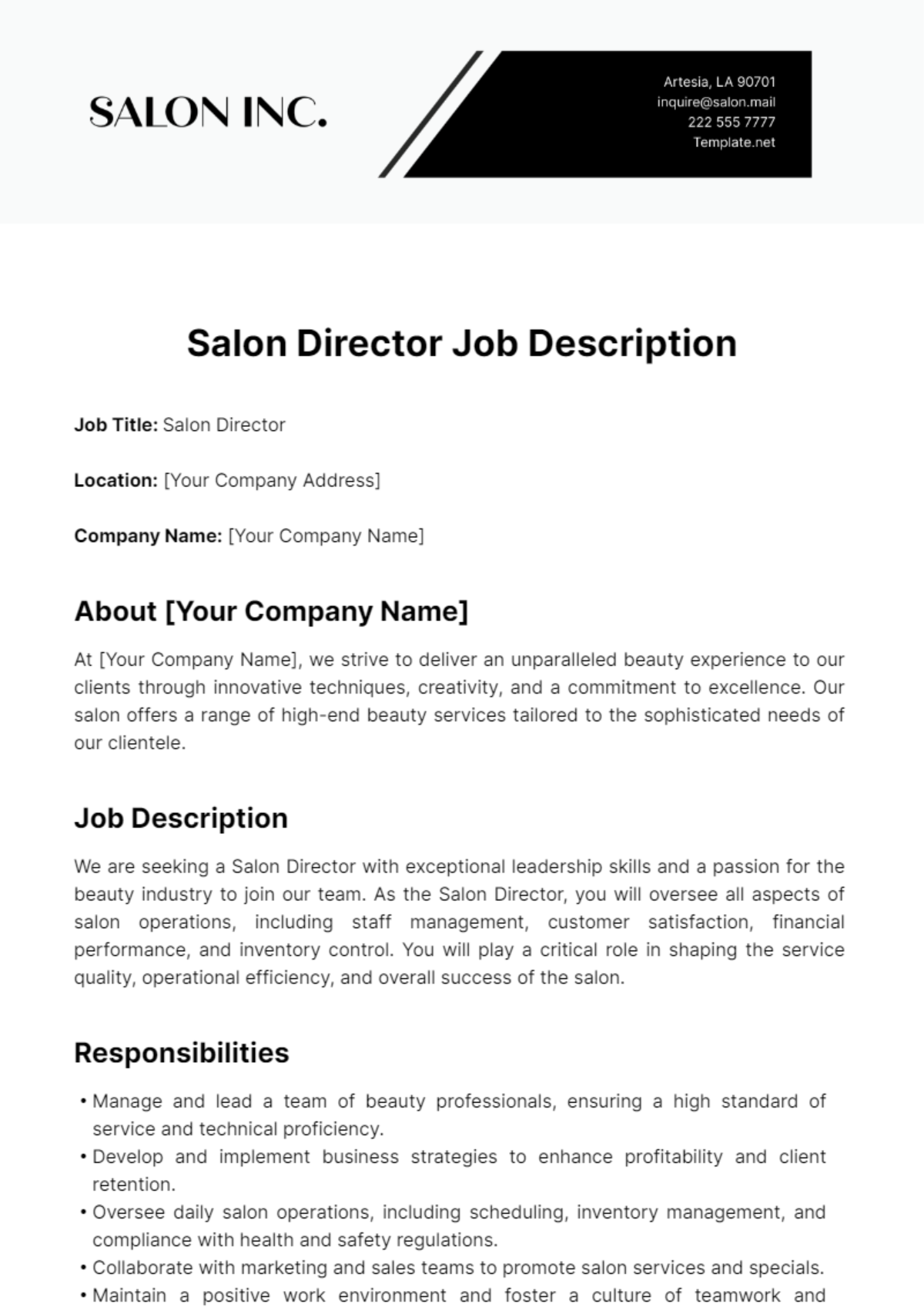 Salon Director Job Description Template