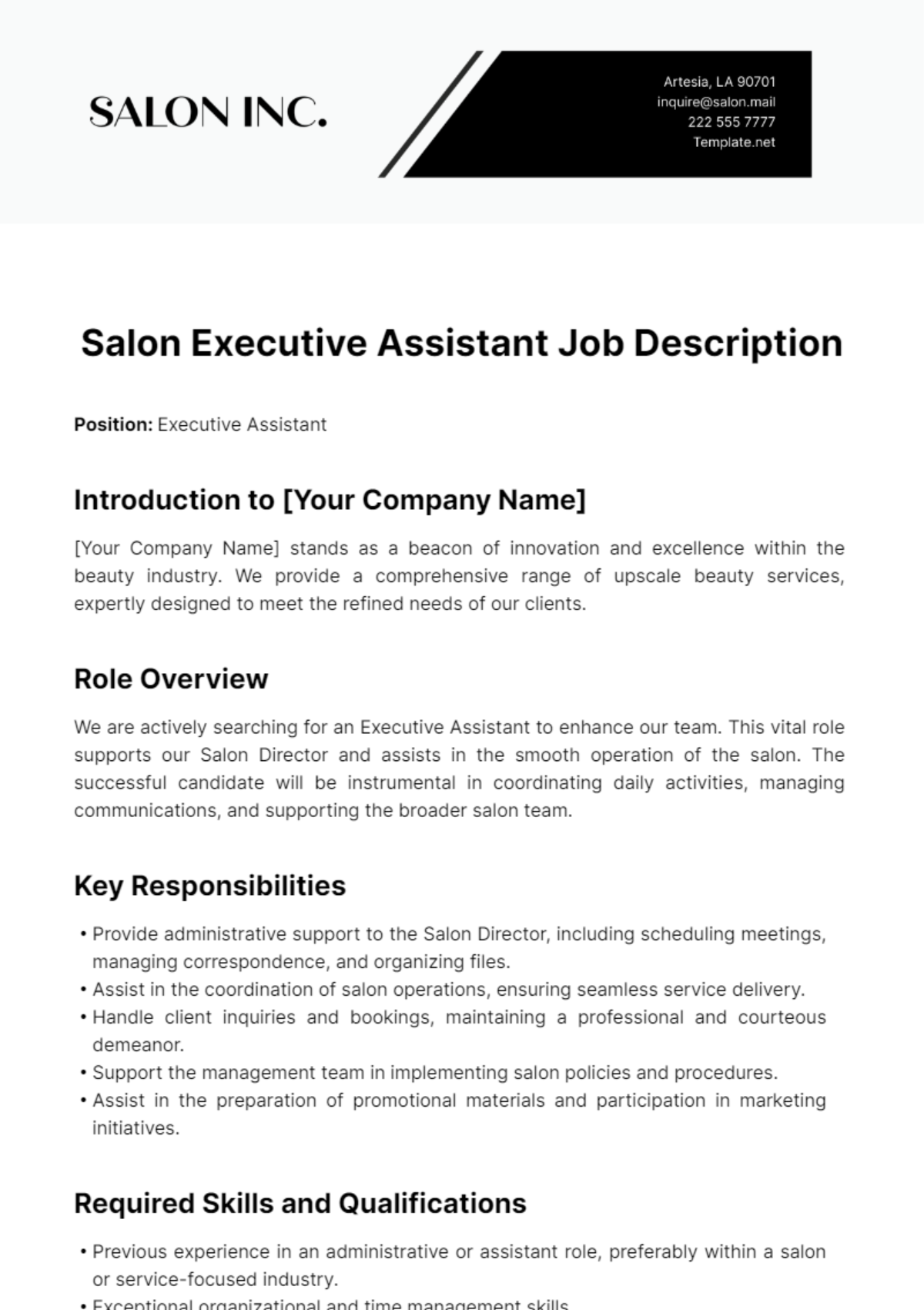 Salon Executive Assistant Job Description Template