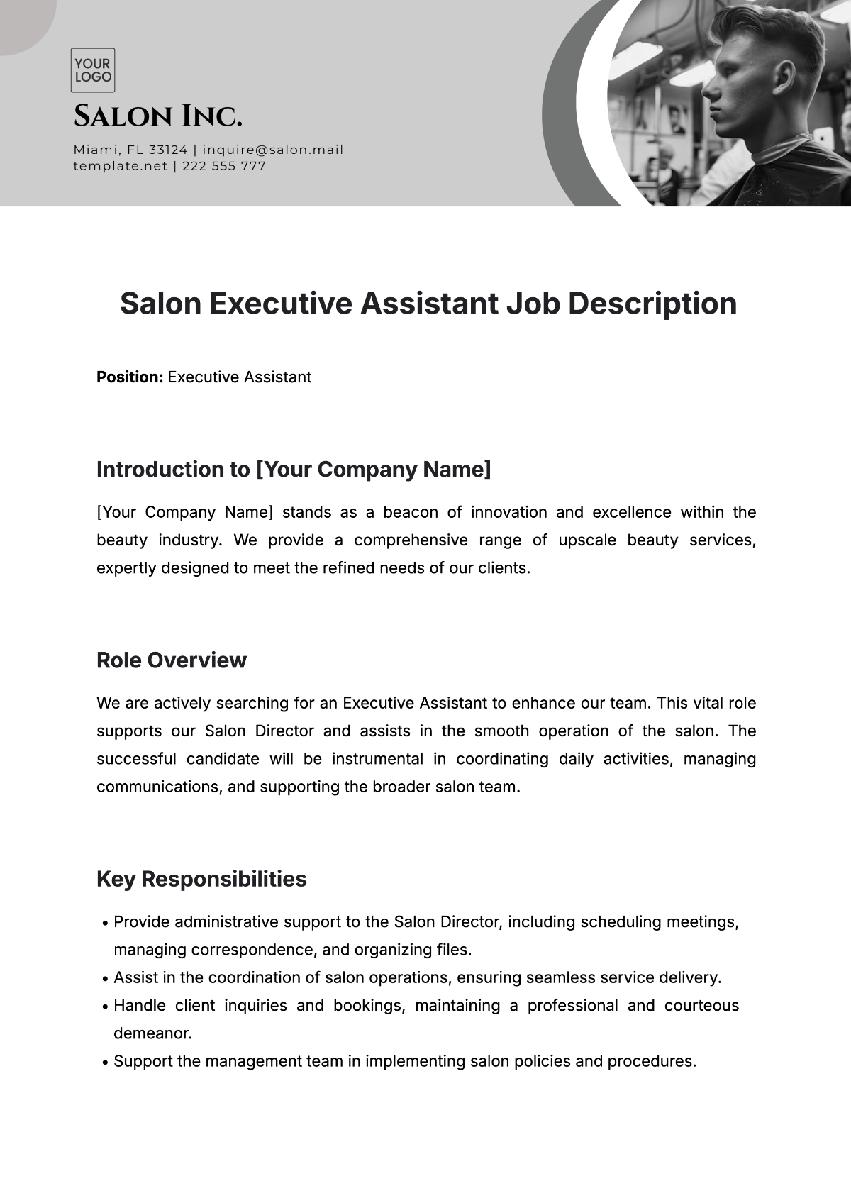 Free Salon Executive Assistant Job Description Template