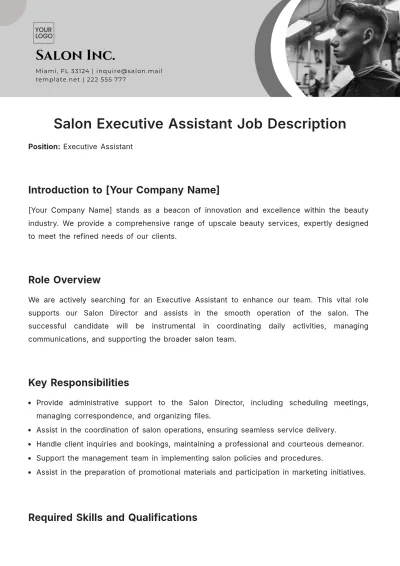Free Salon Executive Assistant Job Description Template to Edit Online